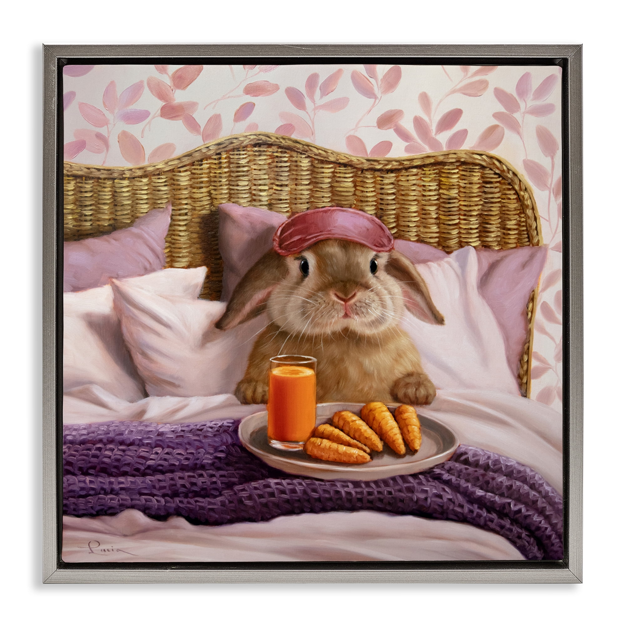 Stupell Industries Hoppy Meal Bunny in Bed Gray Framed Floater Canvas Wall Art, design by Lucia Heffernan