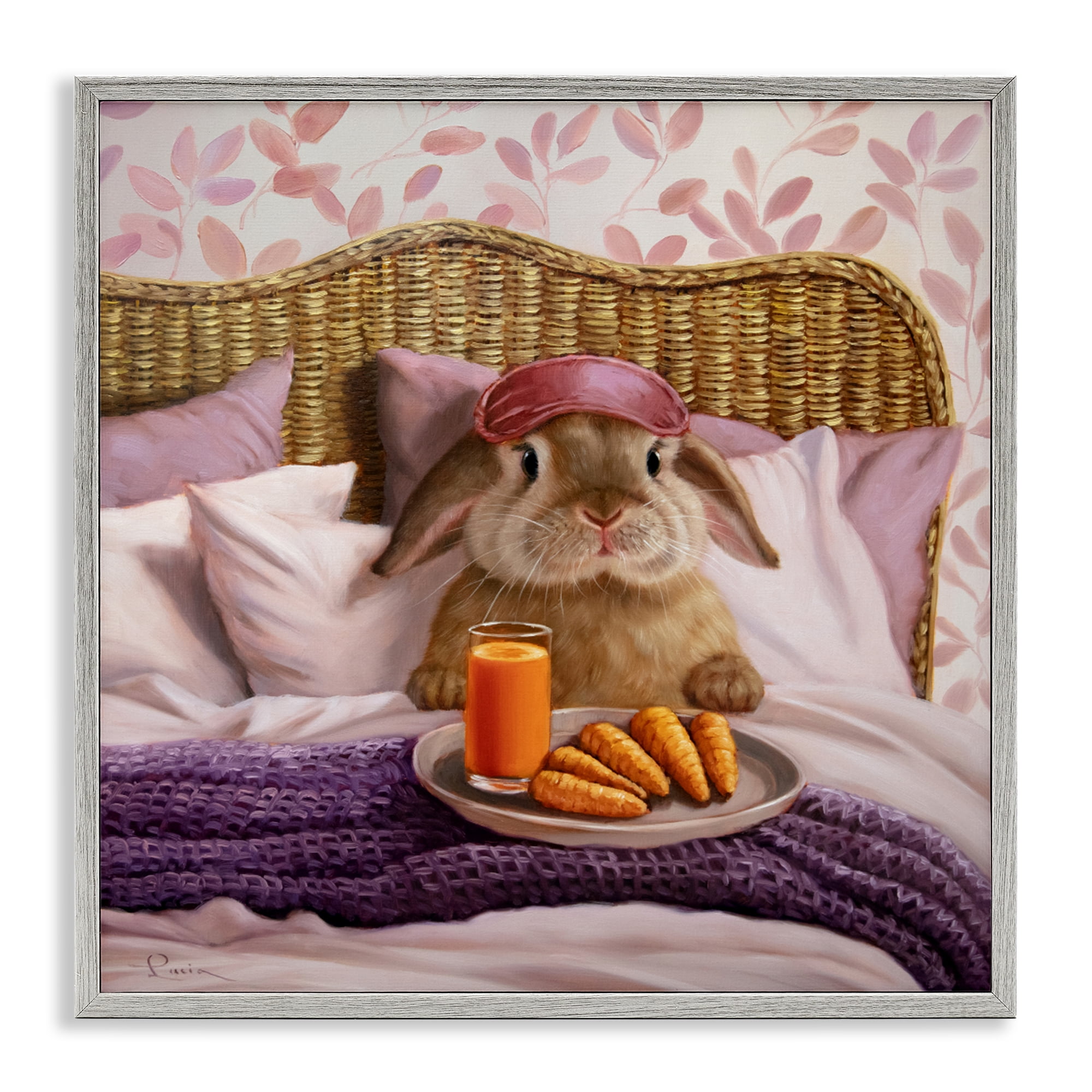 Stupell Industries Hoppy Meal Bunny in Bed Gray Framed Giclee Art, design by Lucia Heffernan