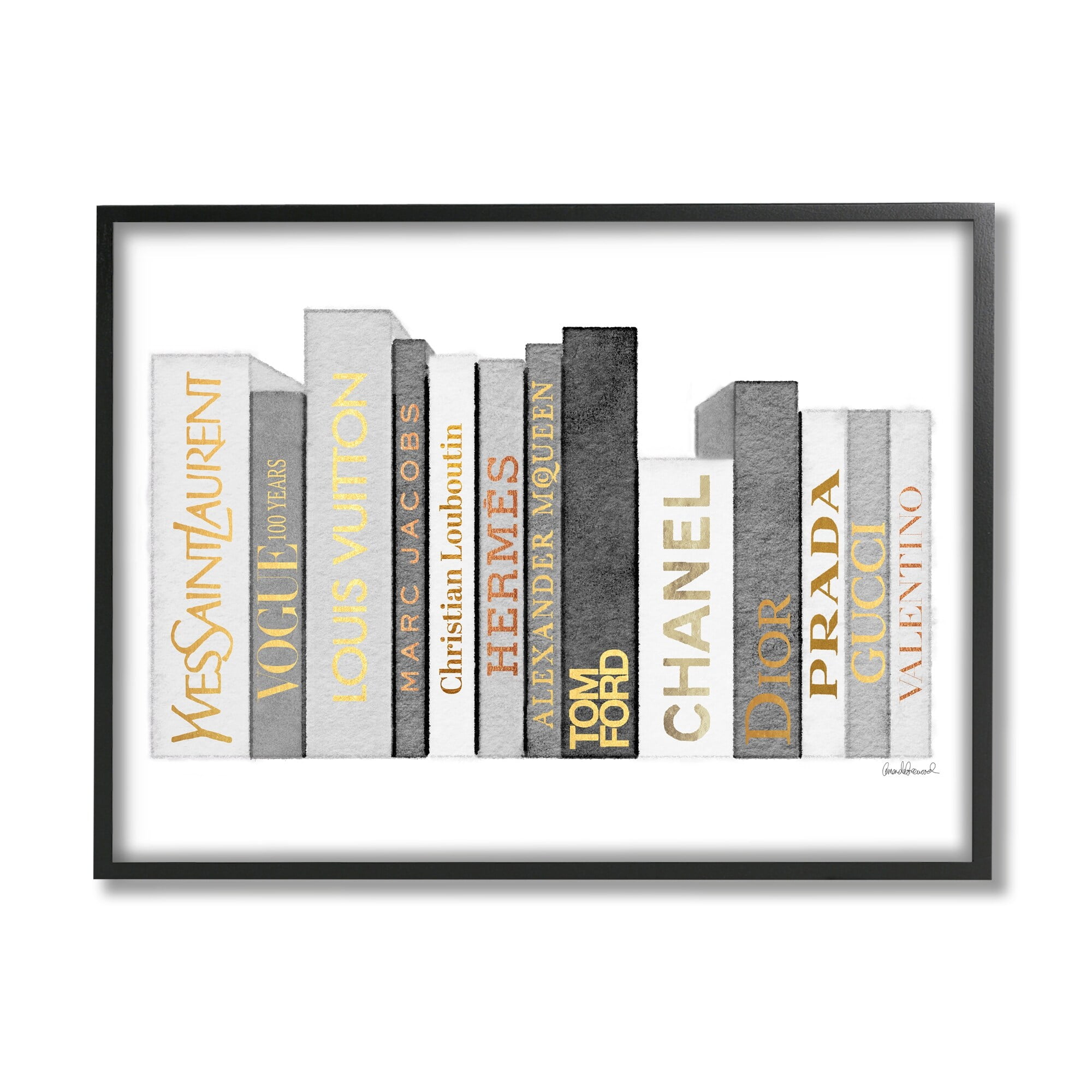 Stupell Industries Horizontal Fashion Book Stack Glam Grey Gold White, 14 x 11, Design by Amanda Greenwood