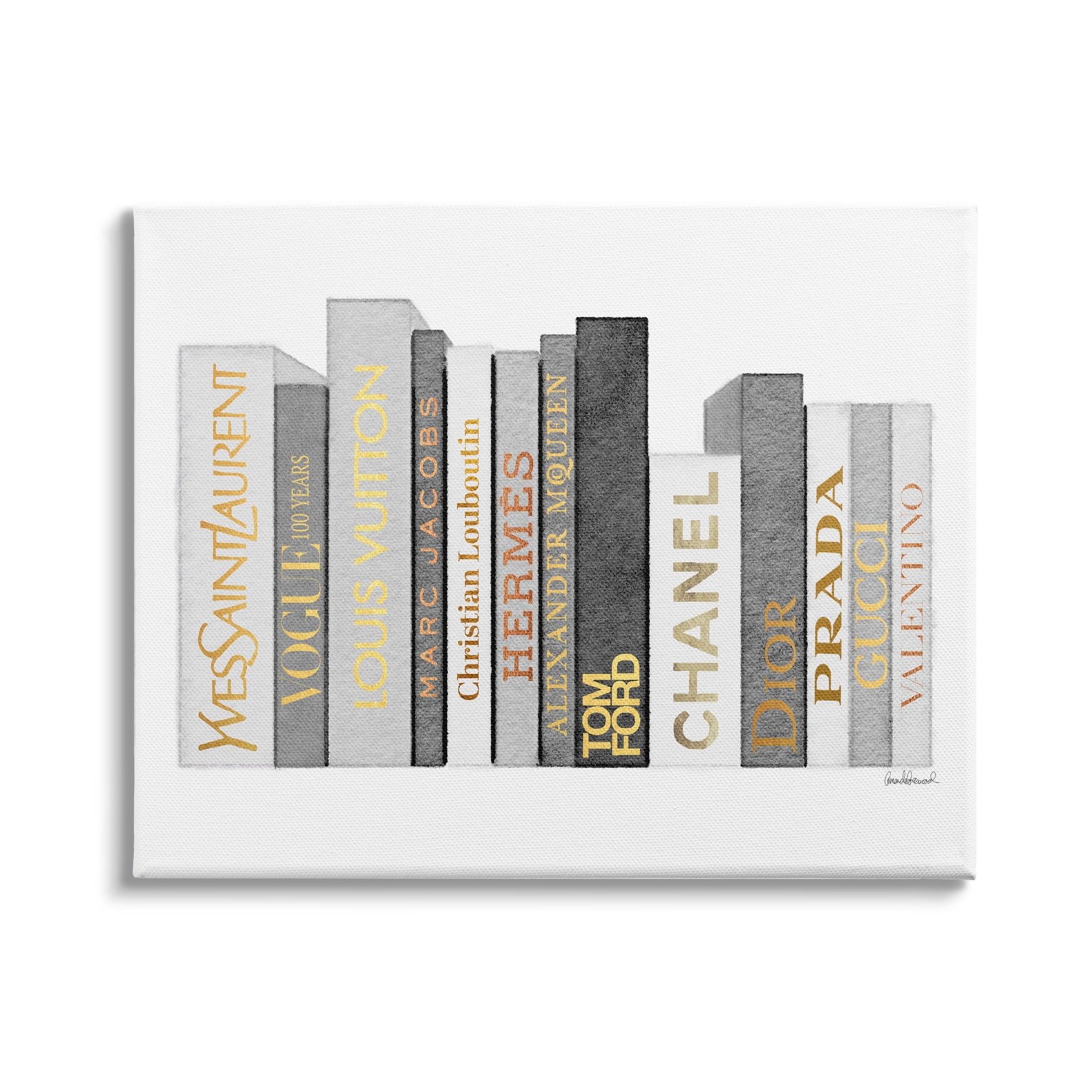 Stupell Industries Horizontal Fashion Book Stack Glam Grey Gold White, 30 x 24, Design by Amanda Greenwood