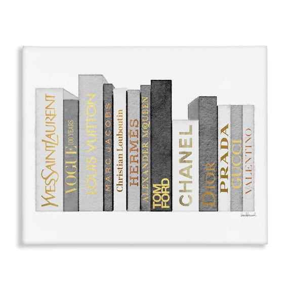 Stupell Industries Contemporary Horizontal Fashion Book Stack Glam Grey Gold White Canvas Art, 48 x 36, by Amanda Greenwood