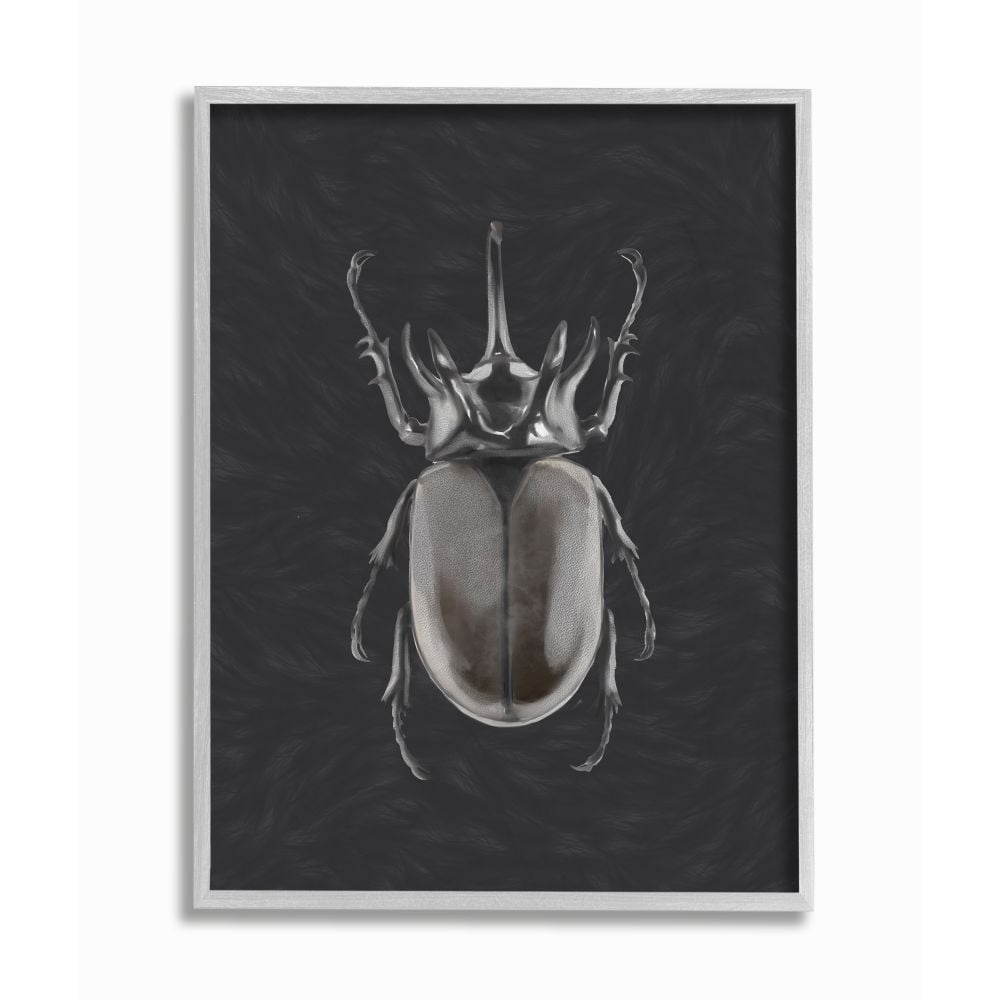Stupell Industries Horned Beetle Black Reflective Minimal Bug Insect Art Framed Wall Art Design by Ziwei Li, 16" x 20", Gray Framed