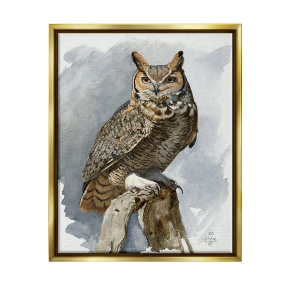 Stupell Industries Horned Owl Perched Animals & Insects Painting Gold Floater Framed Art Print Wall Art, 17 x 21