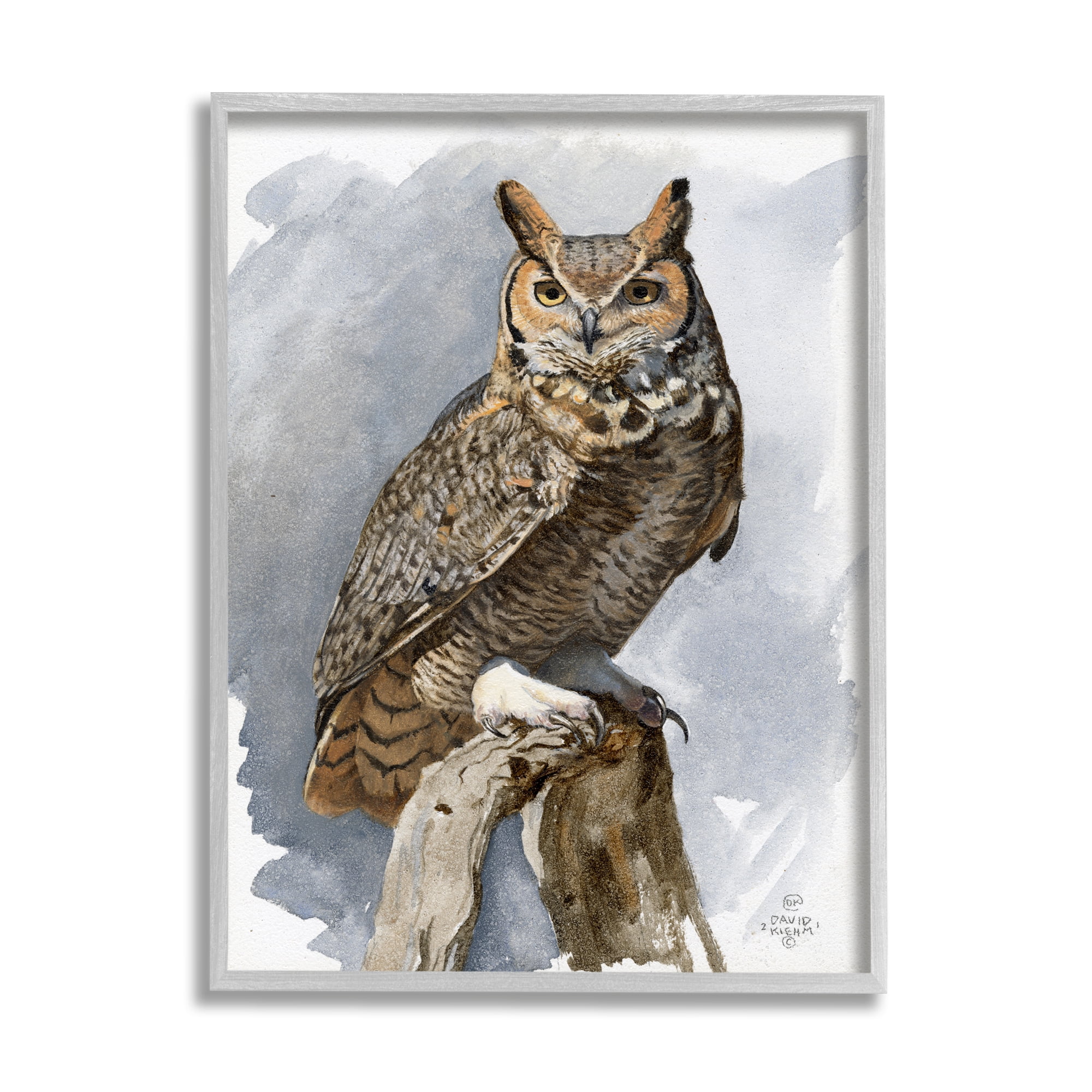 Stupell Industries Horned Owl Perched Animals & Insects Painting Gray Framed Art Print Wall Art, 16 x 20
