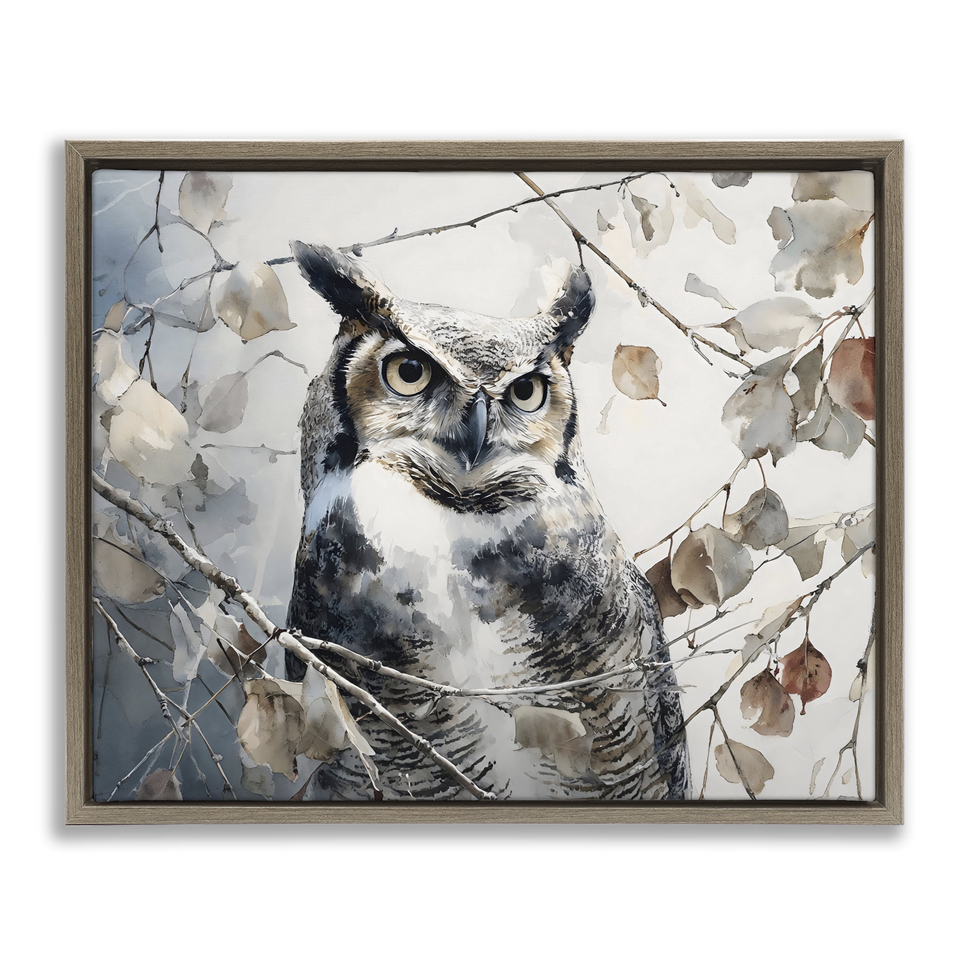 Stupell Industries Horned Owl Perched Brown Framed Floater Canvas Wall Art, design by Franklyn Gregory