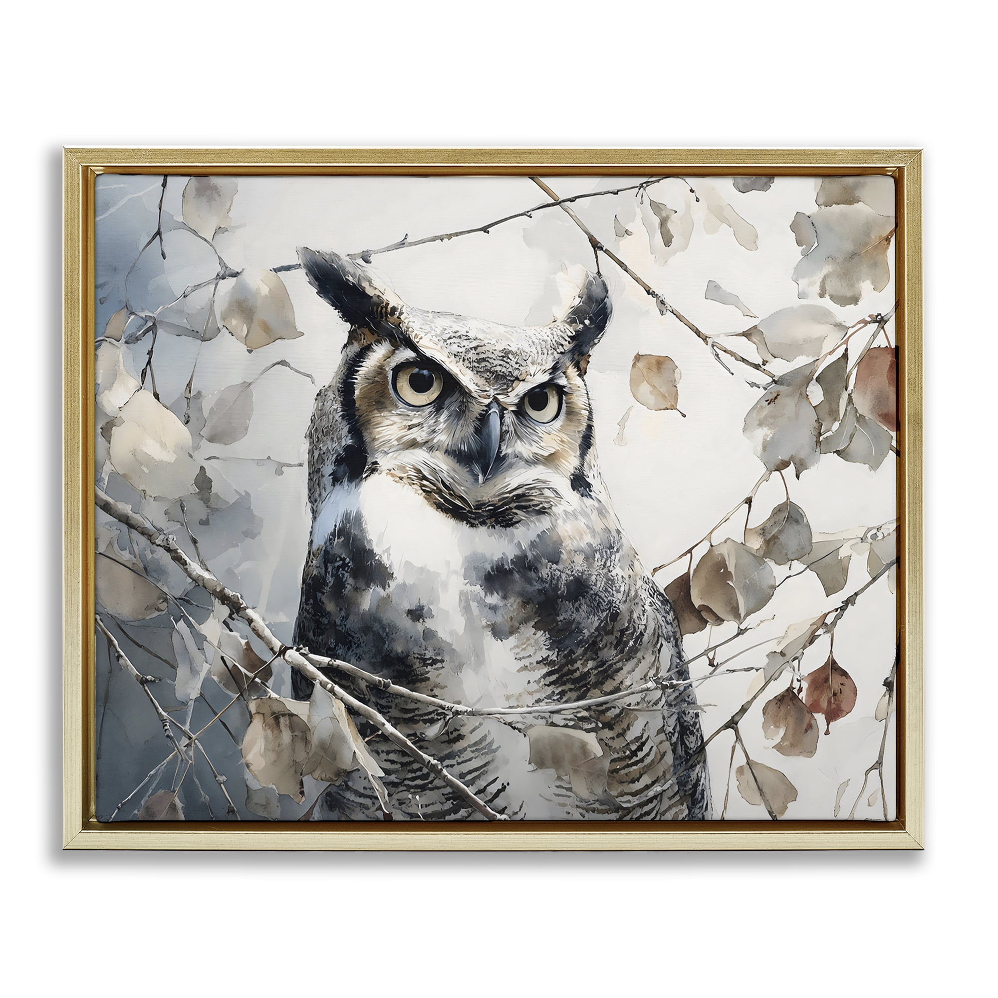 Stupell Industries Horned Owl Perched Gold Framed Floater Canvas Wall Art, design by Franklyn Gregory