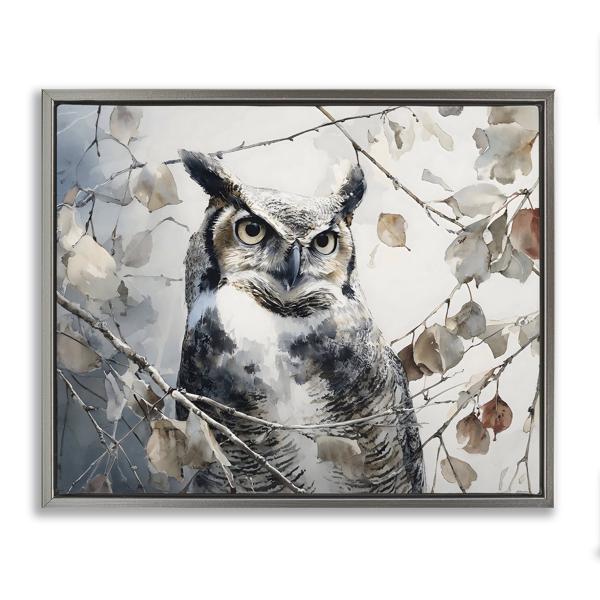 Stupell Industries Horned Owl Perched Gray Framed Floater Canvas Wall Art, design by Franklyn Gregory