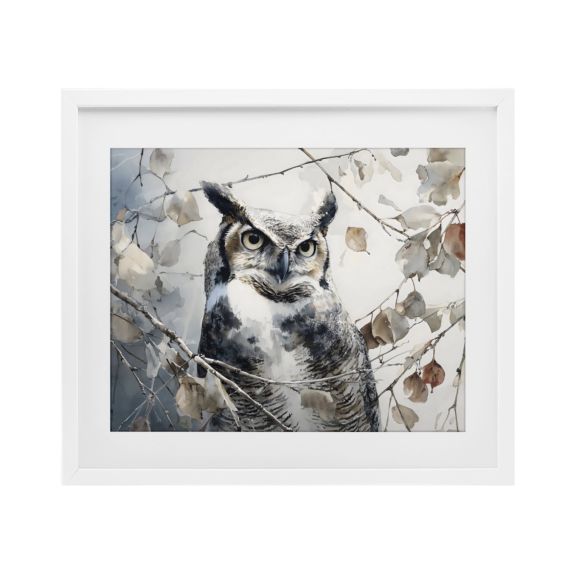 Stupell Industries Horned Owl Perched White Framed Print Under Glass, design by Franklyn Gregory