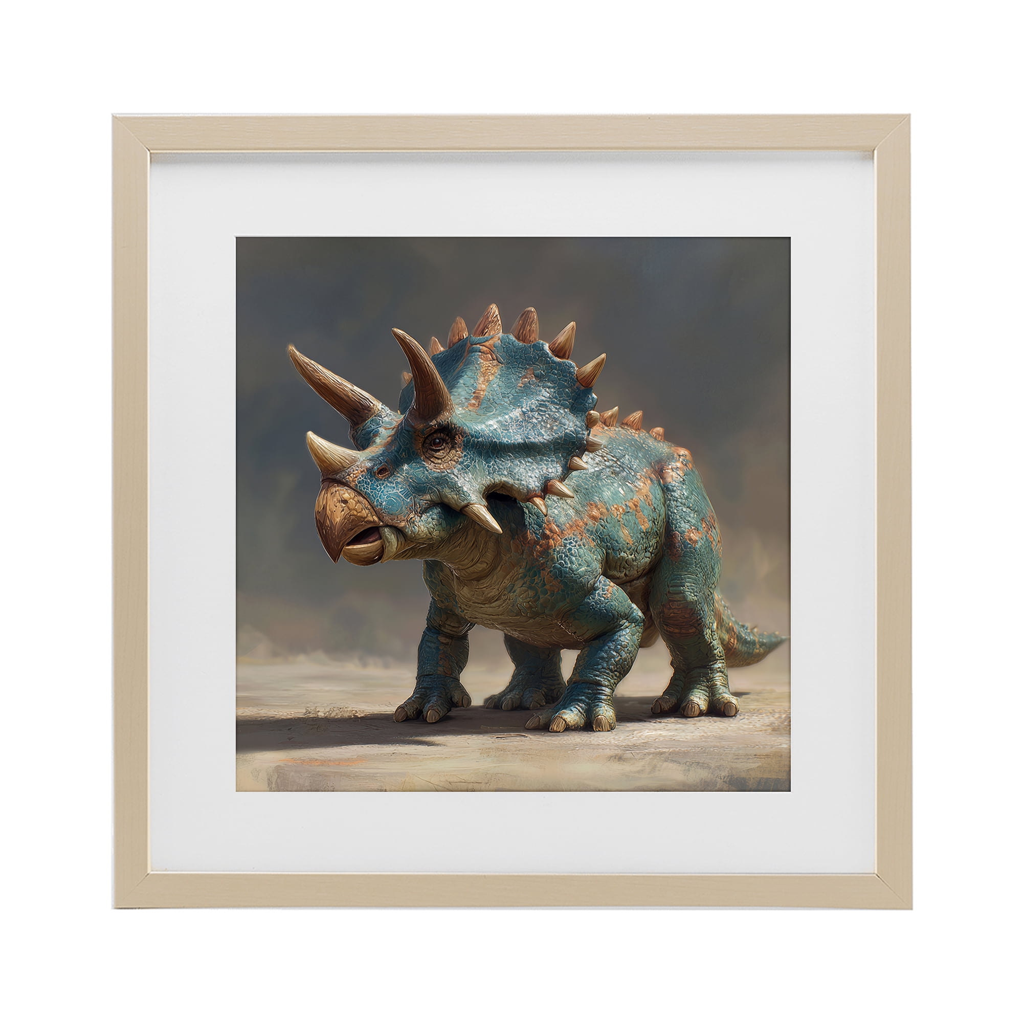 Stupell Industries Horned Triceratops at Sunrise Birch Framed Print Under Glass, design by Wumples