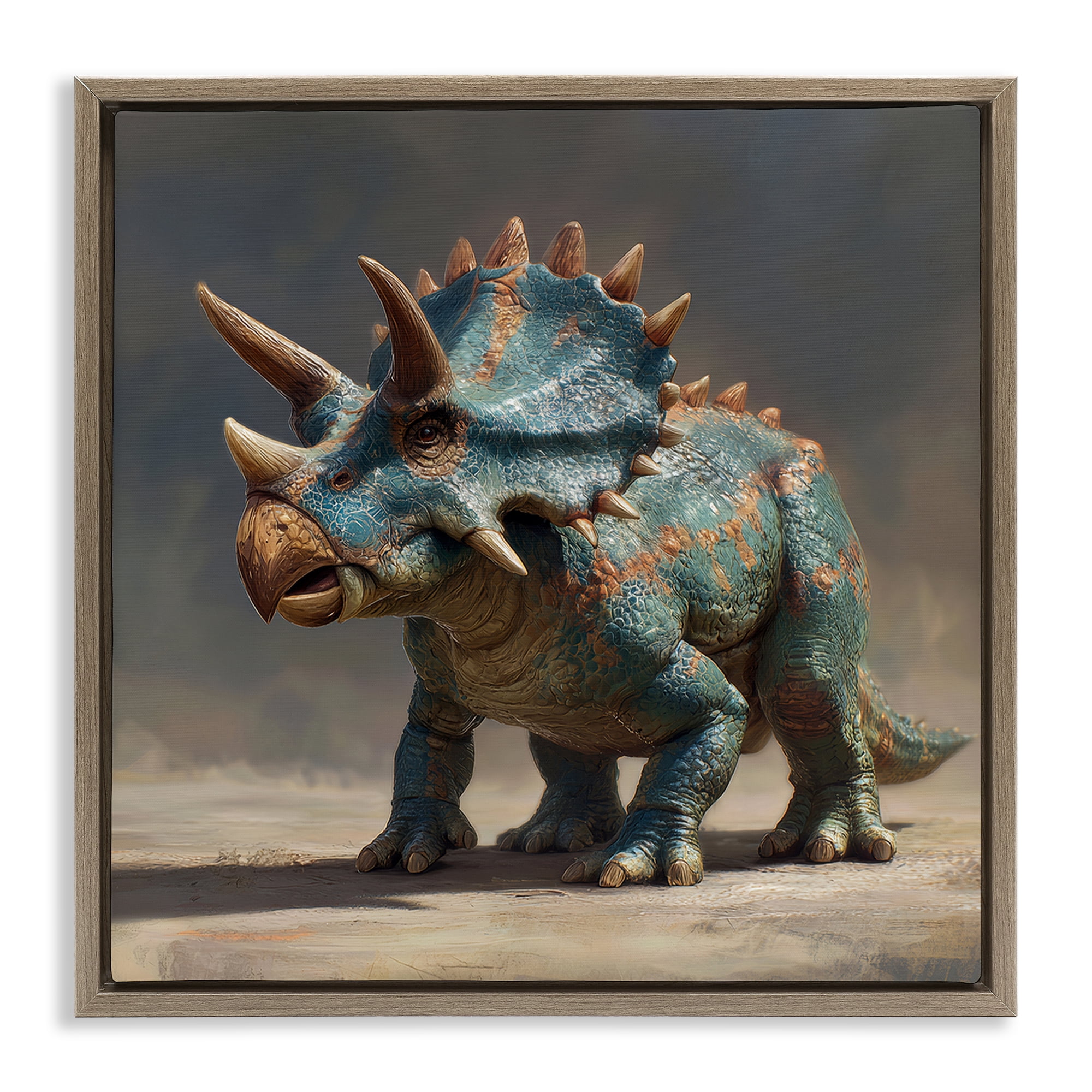 Stupell Industries Horned Triceratops at Sunrise Brown Framed Floater Canvas Wall Art, design by Wumples