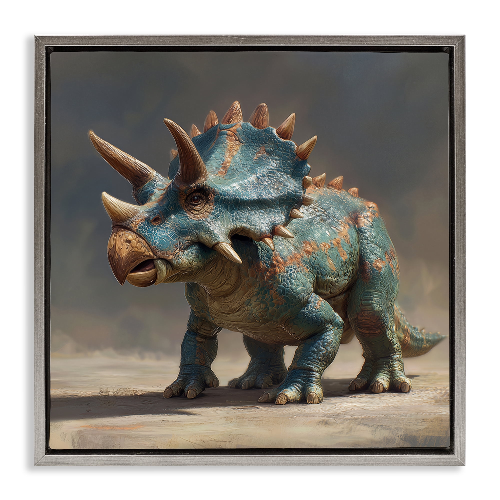 Stupell Industries Horned Triceratops at Sunrise Gray Framed Floater Canvas Wall Art, design by Wumples