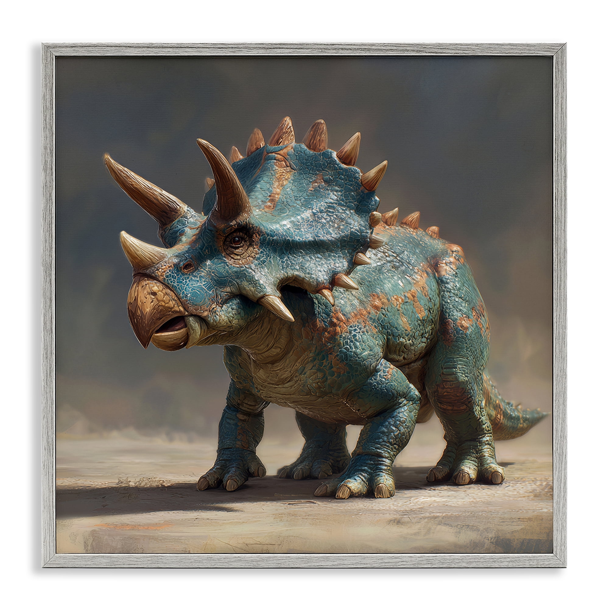 Stupell Industries Horned Triceratops at Sunrise Gray Framed Giclee Art, design by Wumples