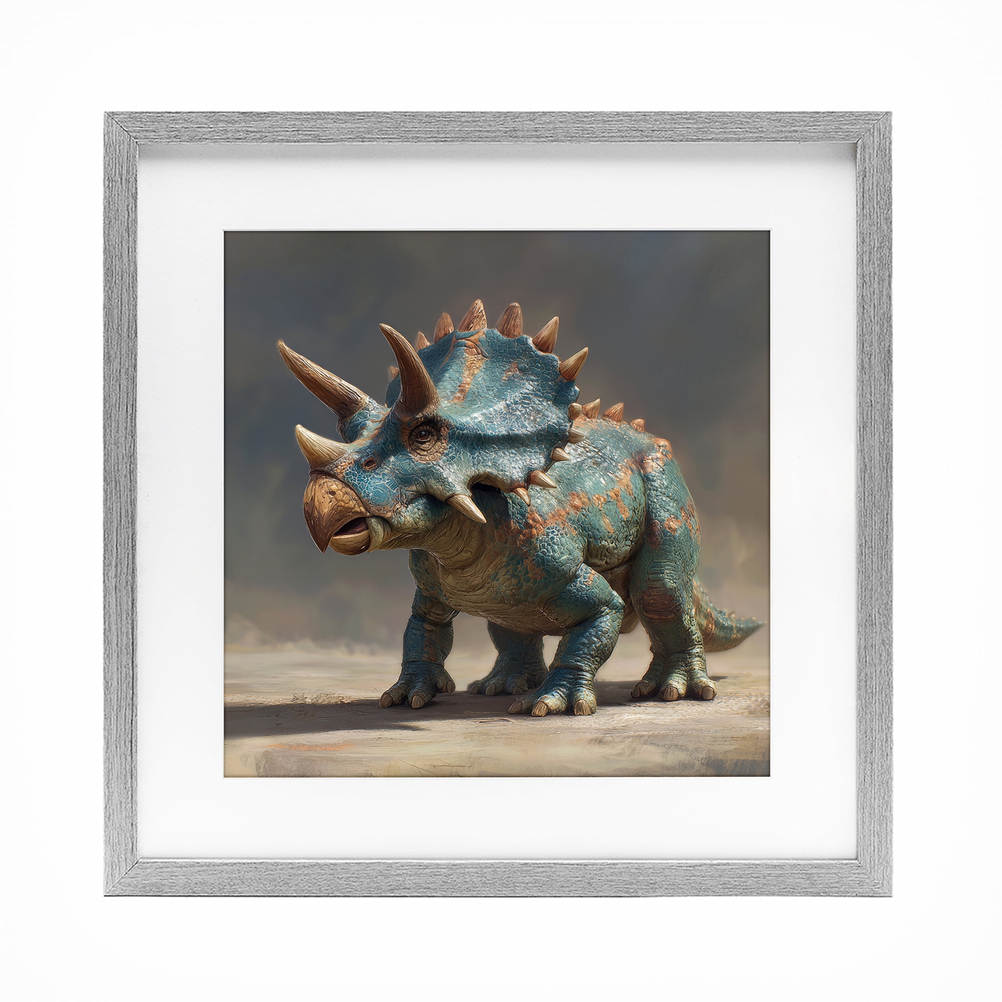 Stupell Industries Horned Triceratops at Sunrise Gray Framed Print Under Glass, design by Wumples
