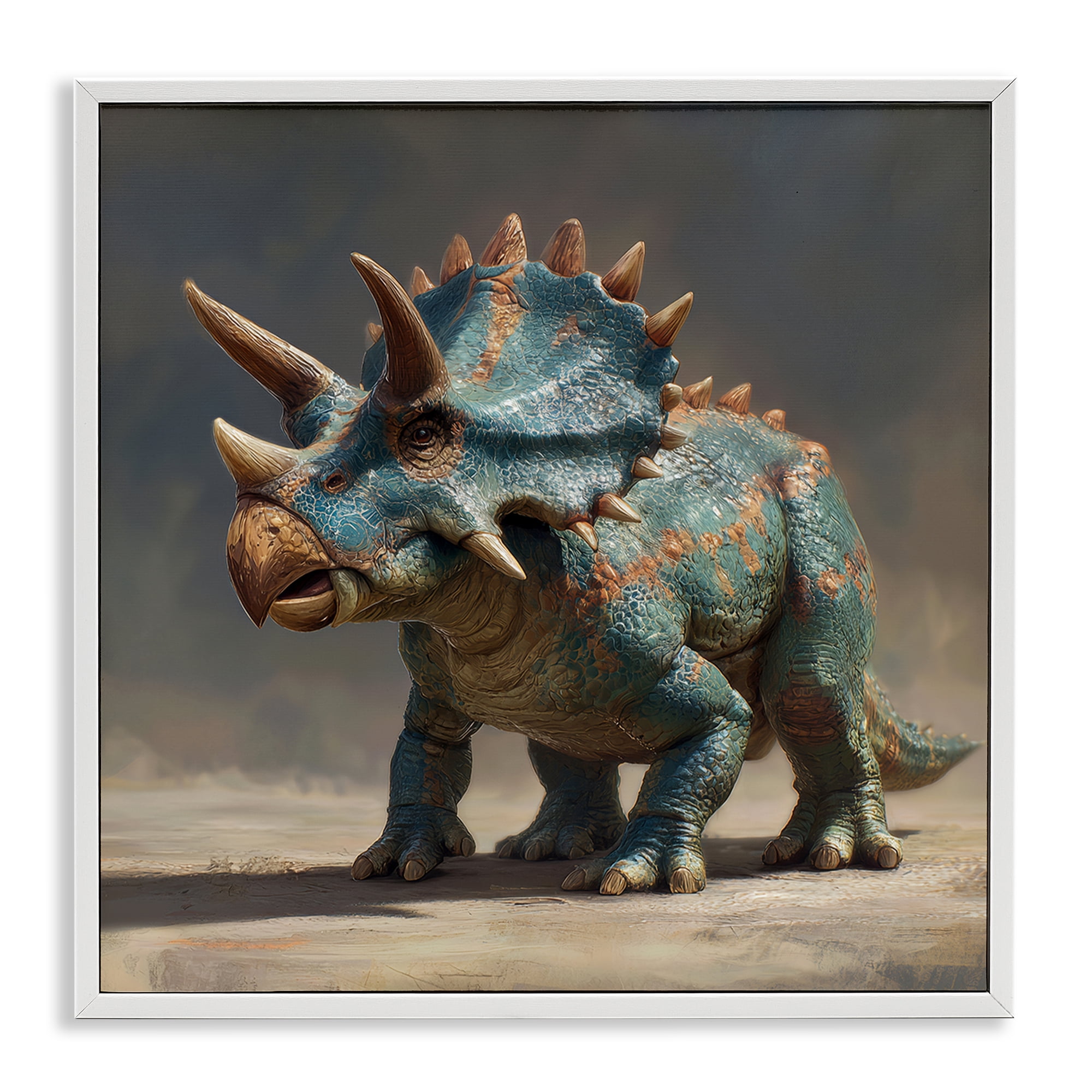 Stupell Industries Horned Triceratops at Sunrise White Framed Giclee Art, design by Wumples
