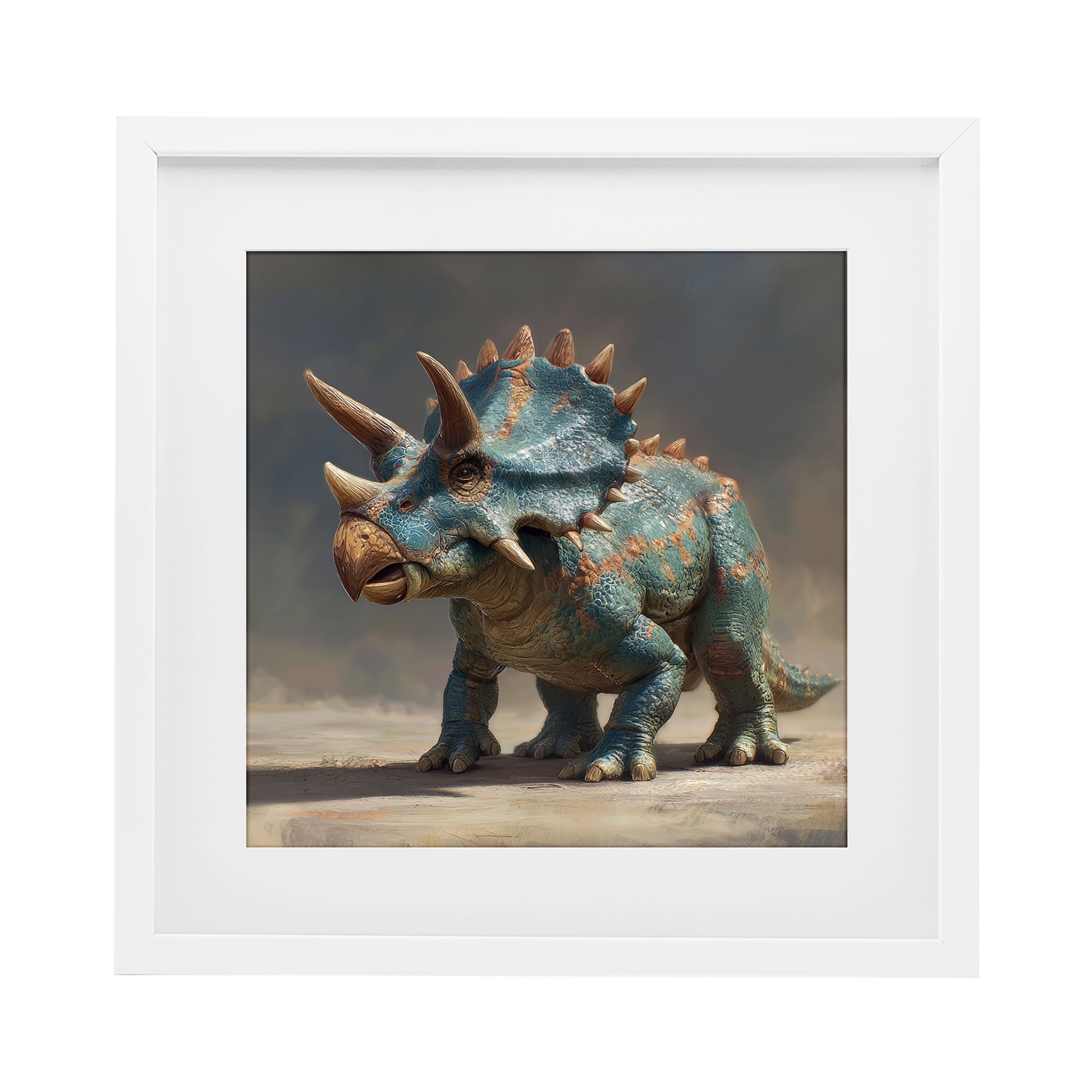 Stupell Industries Horned Triceratops at Sunrise White Framed Print Under Glass, design by Wumples