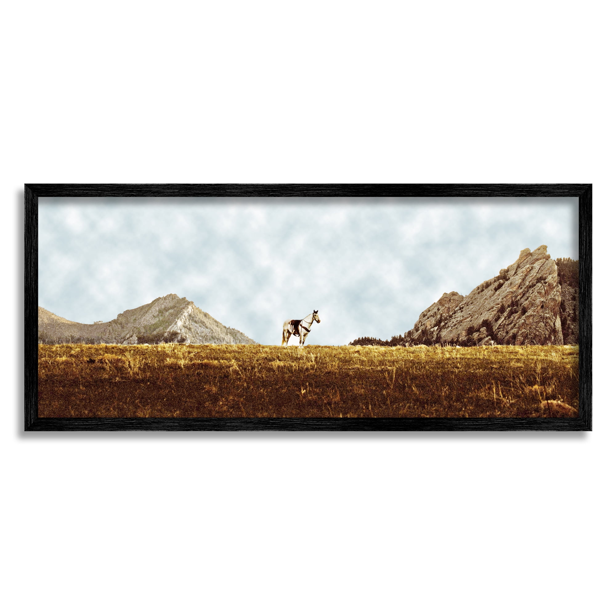 Stupell Industries Horse Between Desert Peaks Landscape Painting Black Framed Art Print Wall Art, 24 x 10