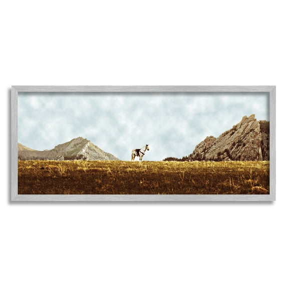 Stupell Industries Horse Between Desert Peaks Landscape Painting Gray Framed Art Print Wall Art, 24 x 10