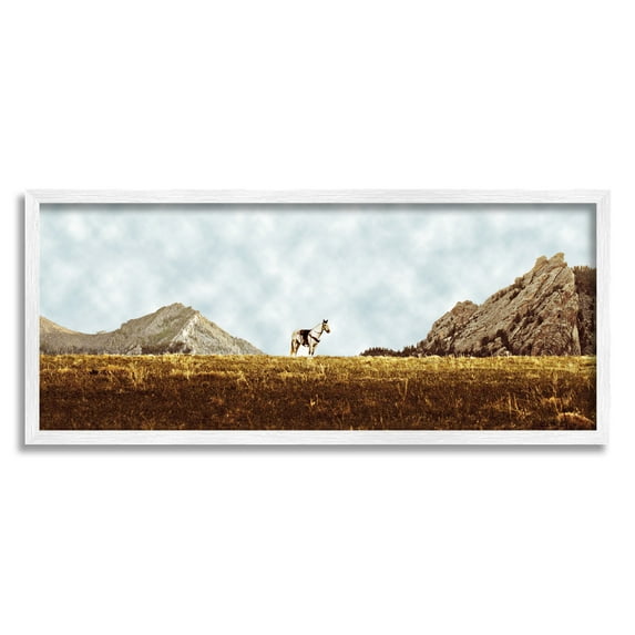 Stupell Industries Horse Between Desert Peaks Landscape Painting White Framed Art Print Wall Art, 24 x 10