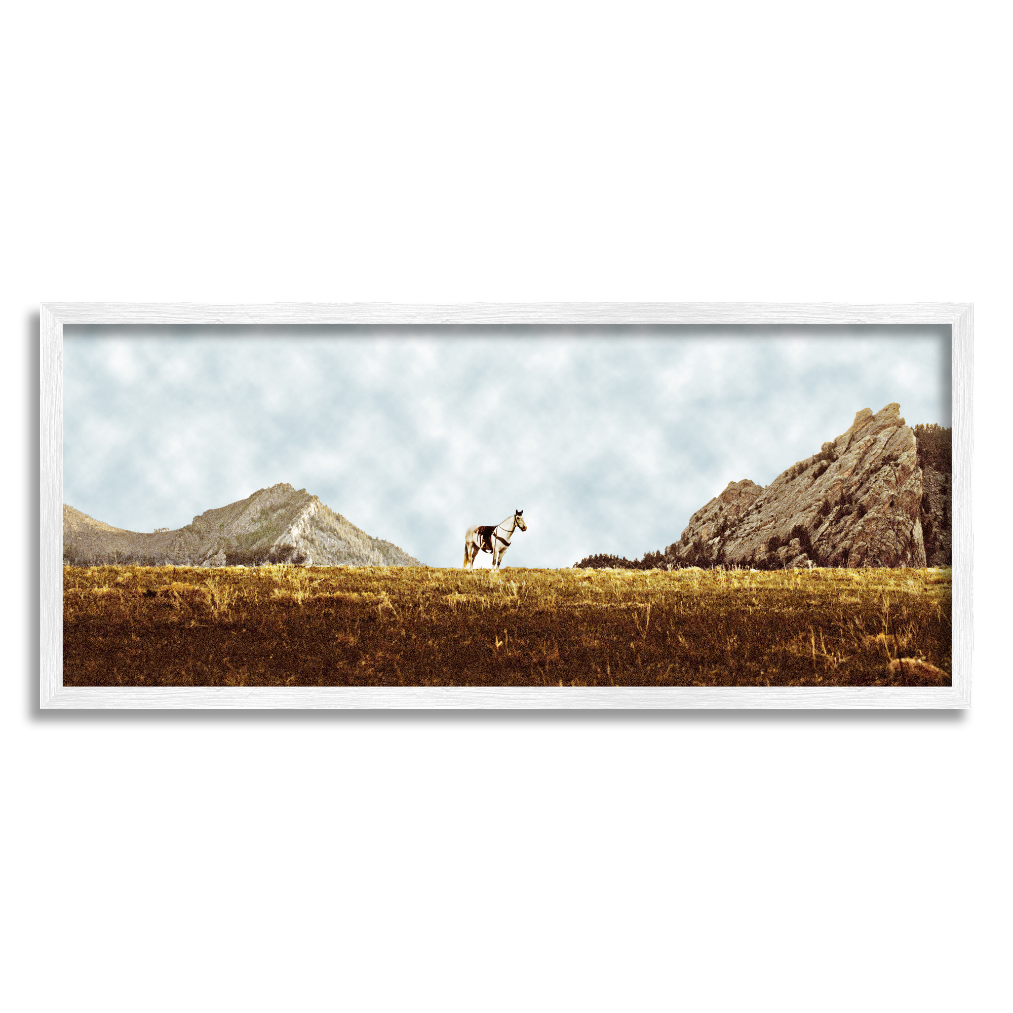 Stupell Industries Horse Between Desert Peaks Landscape Painting White Framed Art Print Wall Art, 30 x 13