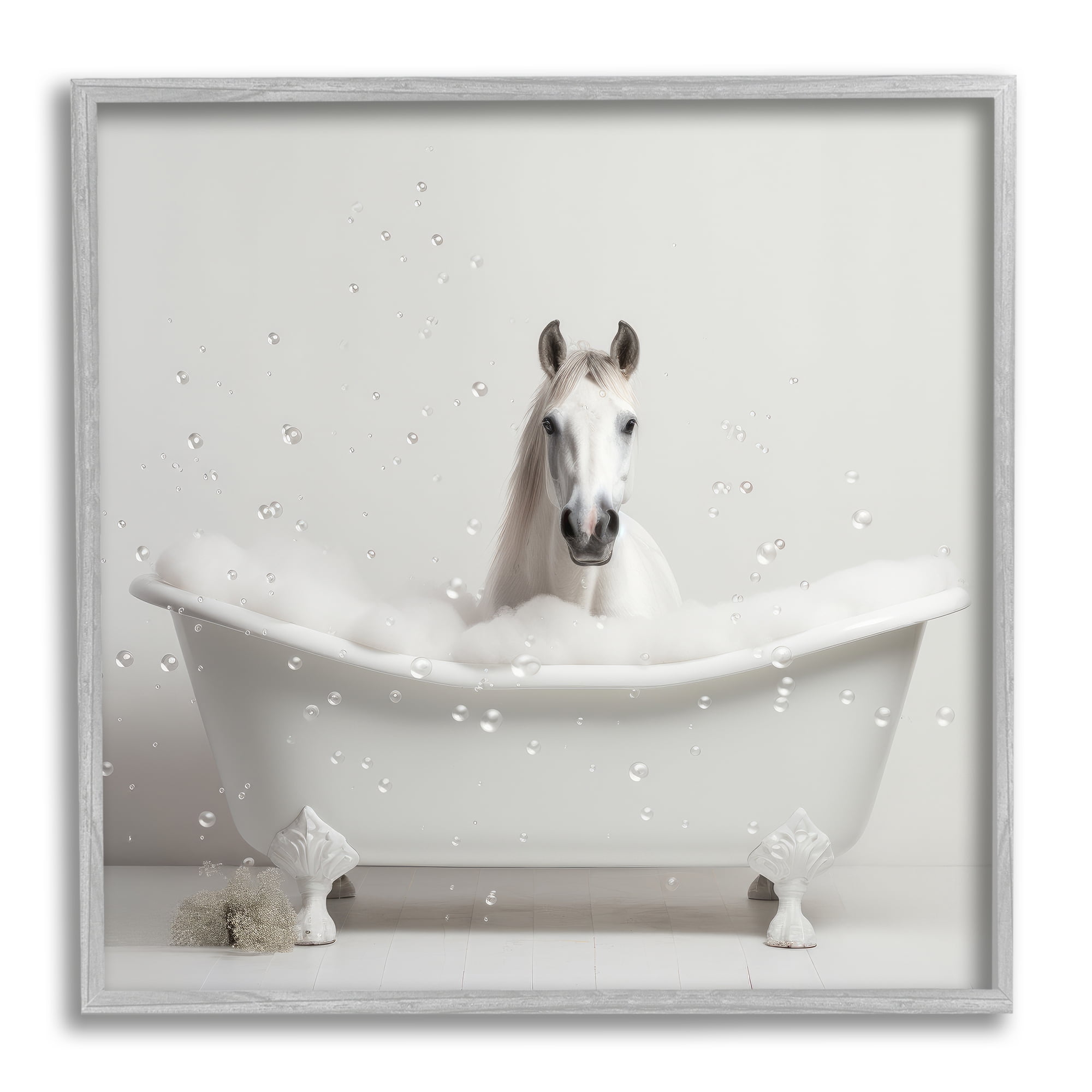 Stupell Industries Horse Bubble Bath Animals & Insects Painting Gray Framed Art Print Wall Art, 12 x 12