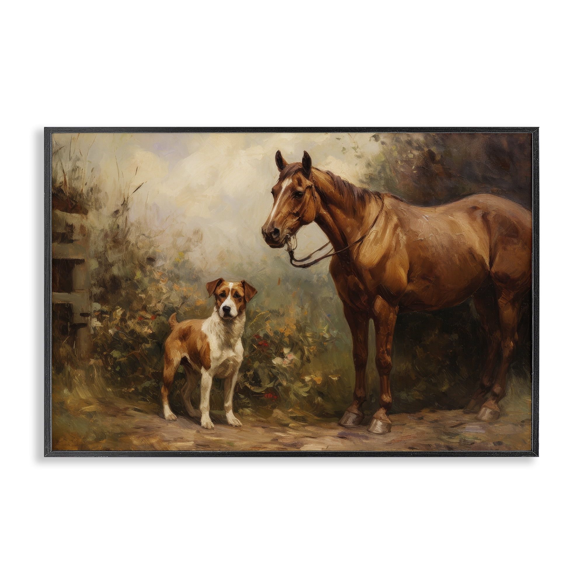 Stupell Industries Horse & Dog in Nature Landscape Painting Black Framed Art Print Wall Art, 24 x 16