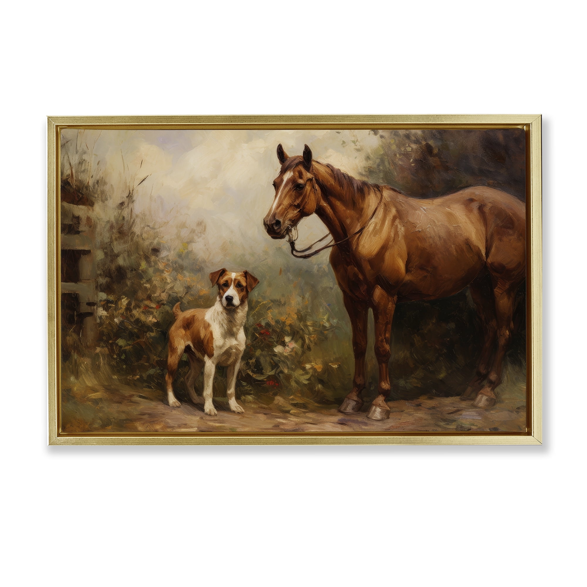 Stupell Industries Horse & Dog in Nature Landscape Painting Gold Floater Framed Canvas Art Print Wall Art, 25 x 17