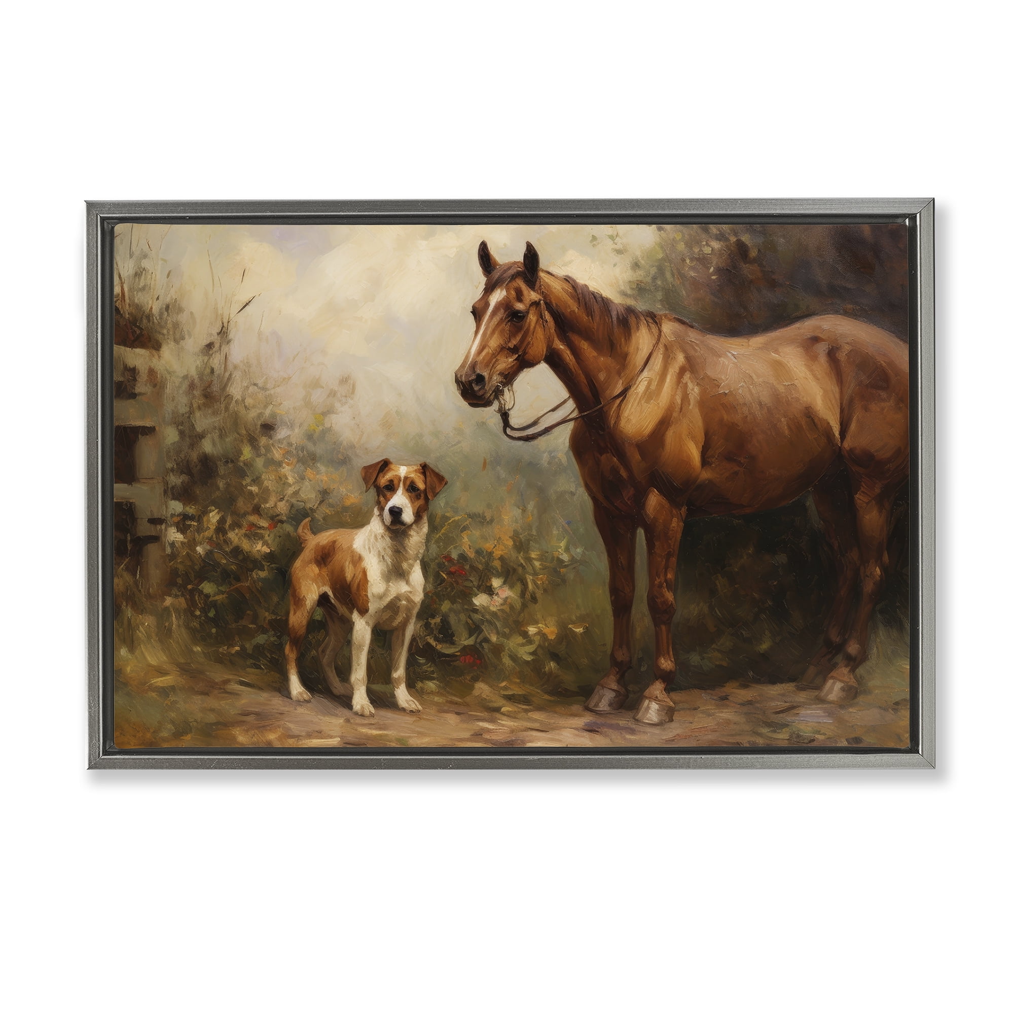 Stupell Industries Horse & Dog in Nature Landscape Painting Gray Floater Framed Canvas Art Print Wall Art, 31 x 21