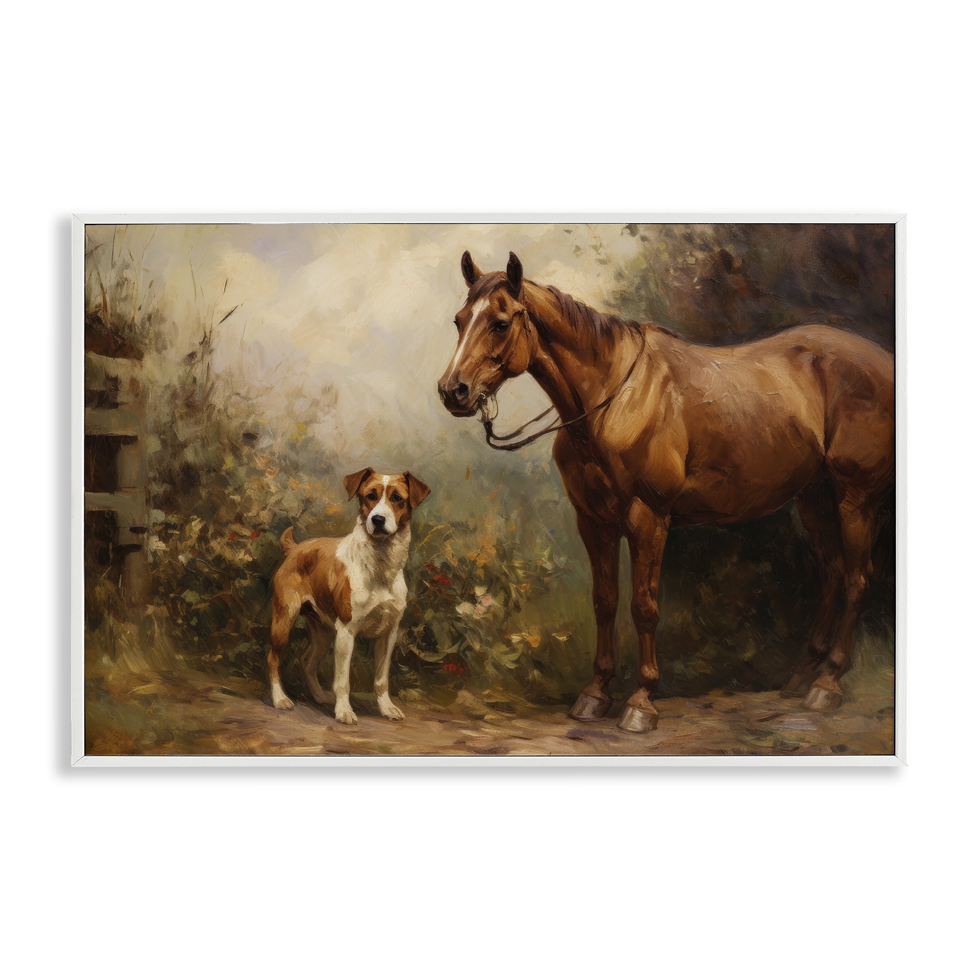 Stupell Industries Horse & Dog in Nature Landscape Painting White Framed Art Print Wall Art, 24 x 16