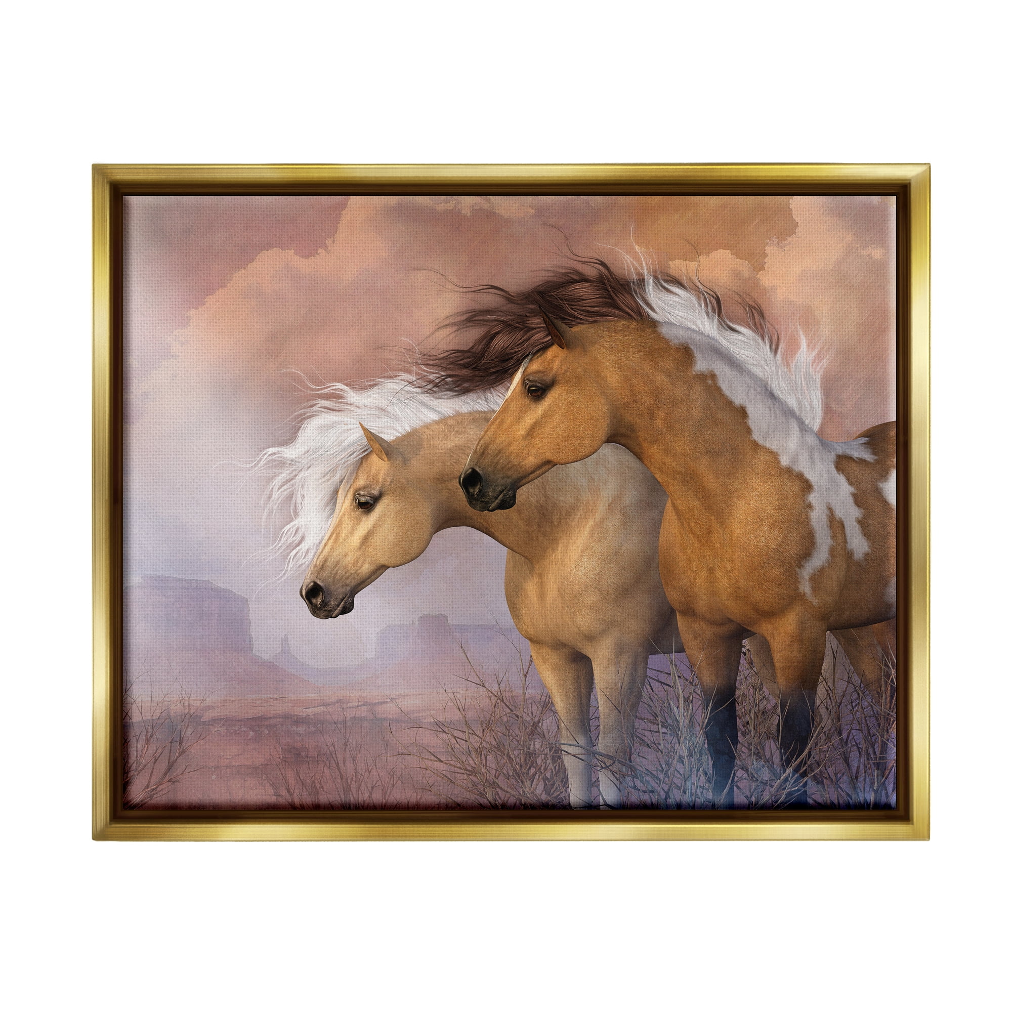 Stupell Industries Horse Duo at Sunset Animals & Insects Painting Gold Floater Framed Canvas Art Print Wall Art, 31 x 25