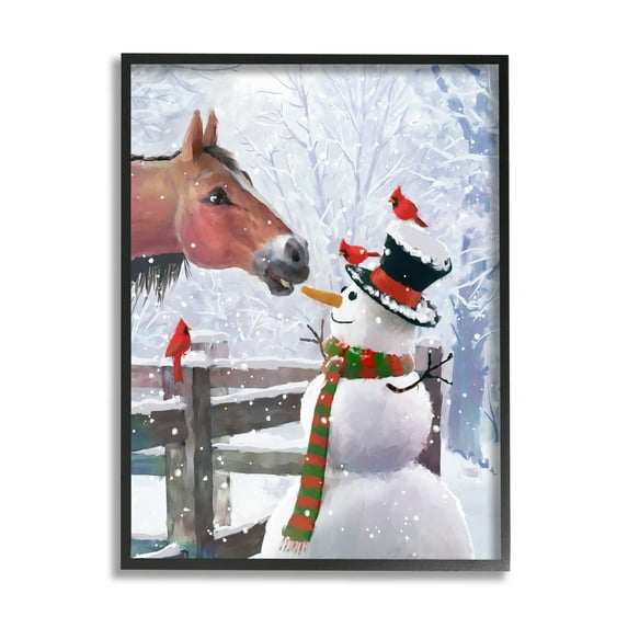 Stupell Industries Horse Eating Snowman Carrot Scene Holiday Painting Black Framed Art Print Wall Art