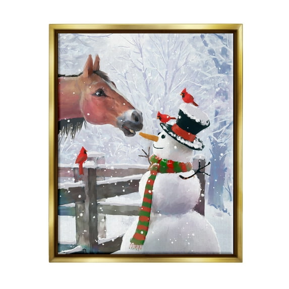 Stupell Industries Horse Eating Snowman Carrot Scene Holiday Painting Gold Floater Framed Art Print Wall Art