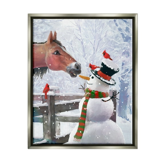 Stupell Industries Horse Eating Snowman Carrot Scene Holiday Painting Gray Floater Framed Art Print Wall Art