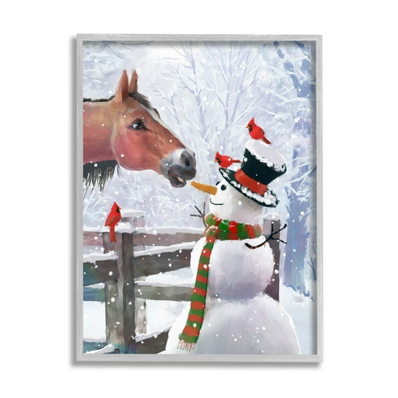 Stupell Industries Horse Eating Snowman Carrot Scene Holiday Painting Gray Framed Art Print Wall Art