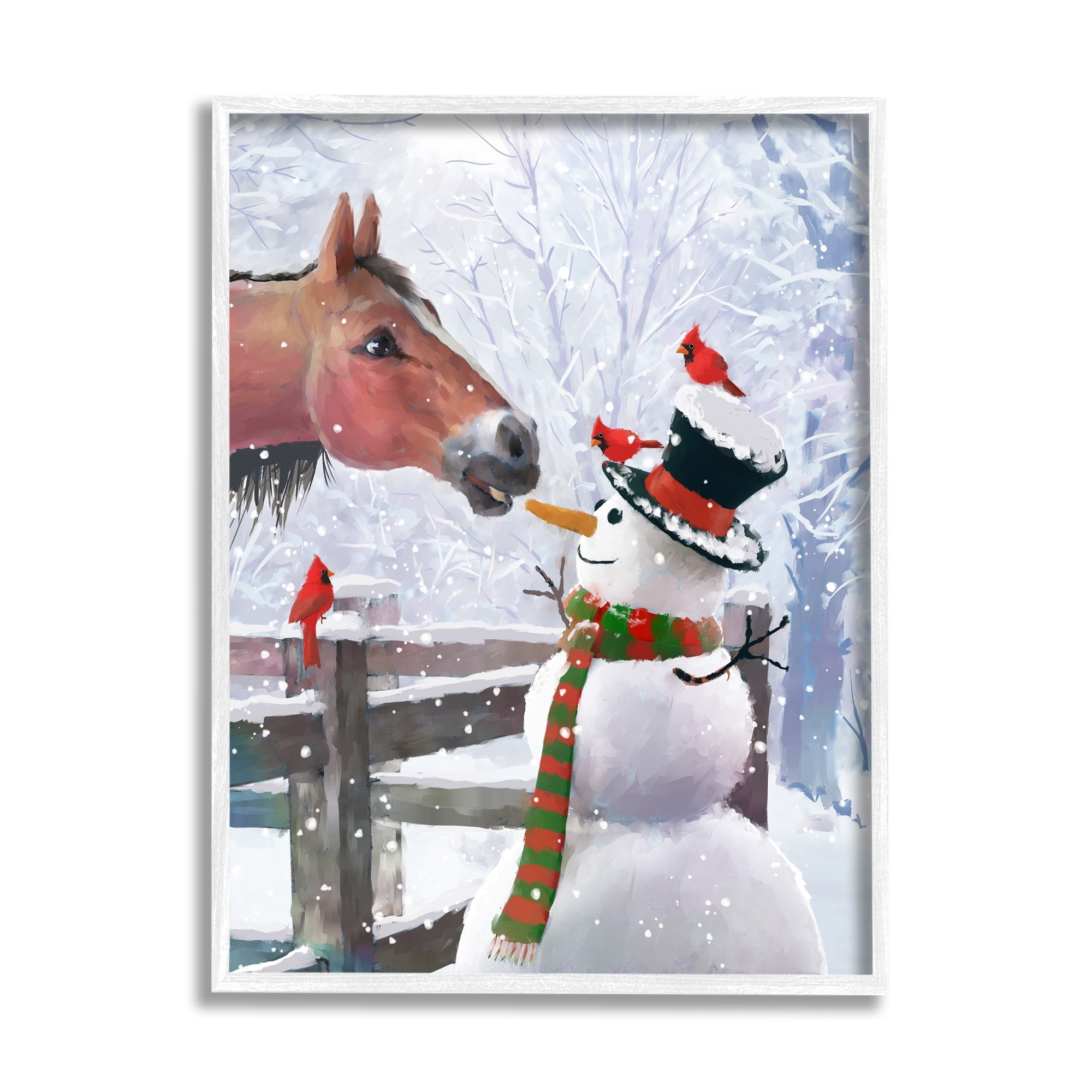 Stupell Industries Horse Eating Snowman Carrot Scene Holiday Painting White Framed Art Print Wall Art