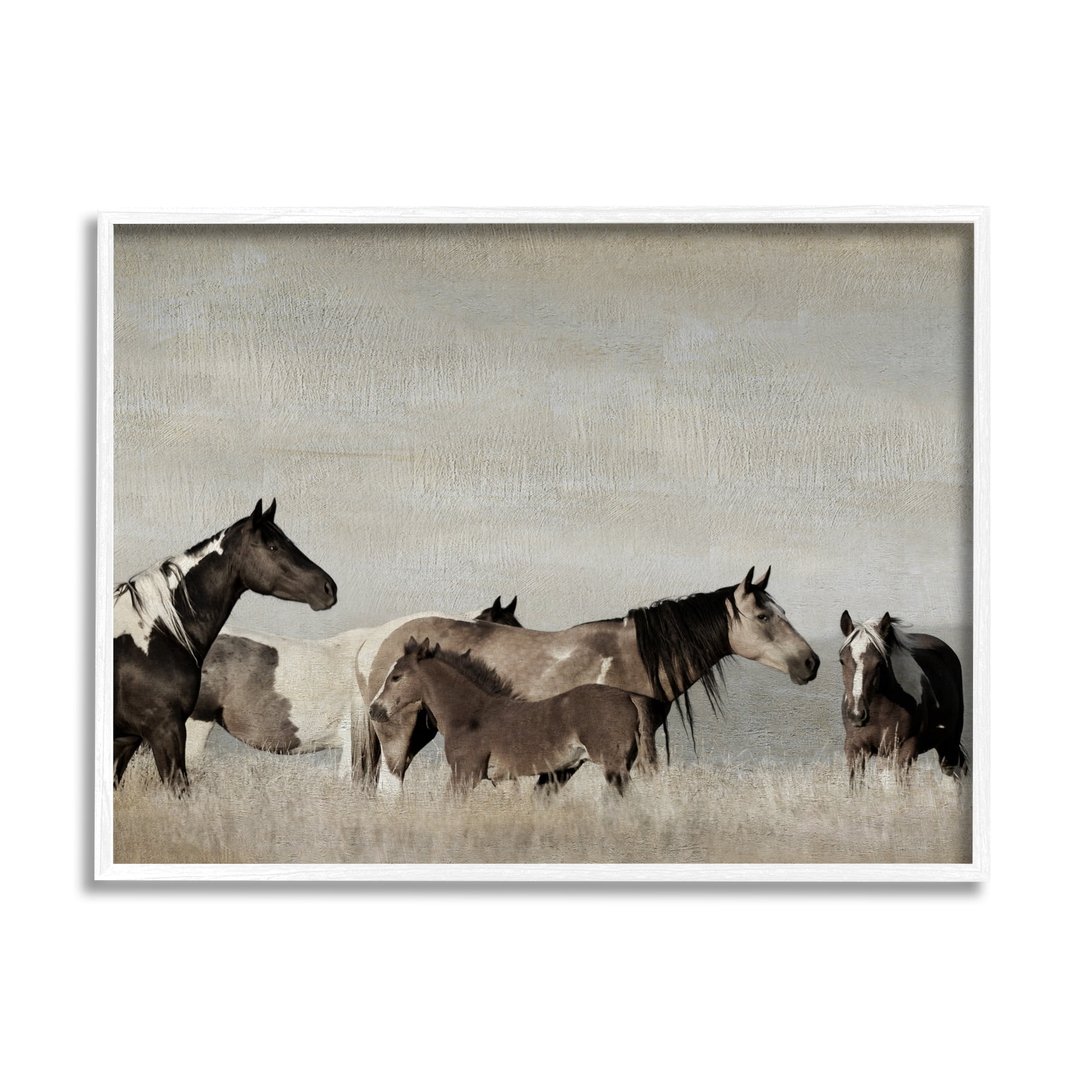 White Framed Canvas Print of Grazing Horses, 30" x 24"