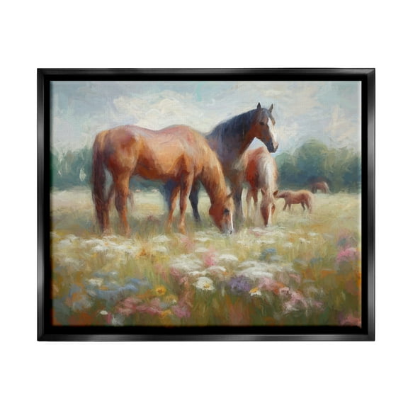 Stupell Industries Horse Family in Meadow Animals & Insects Painting Black Floater Framed Canvas Art Print Wall Art, 21 x 17