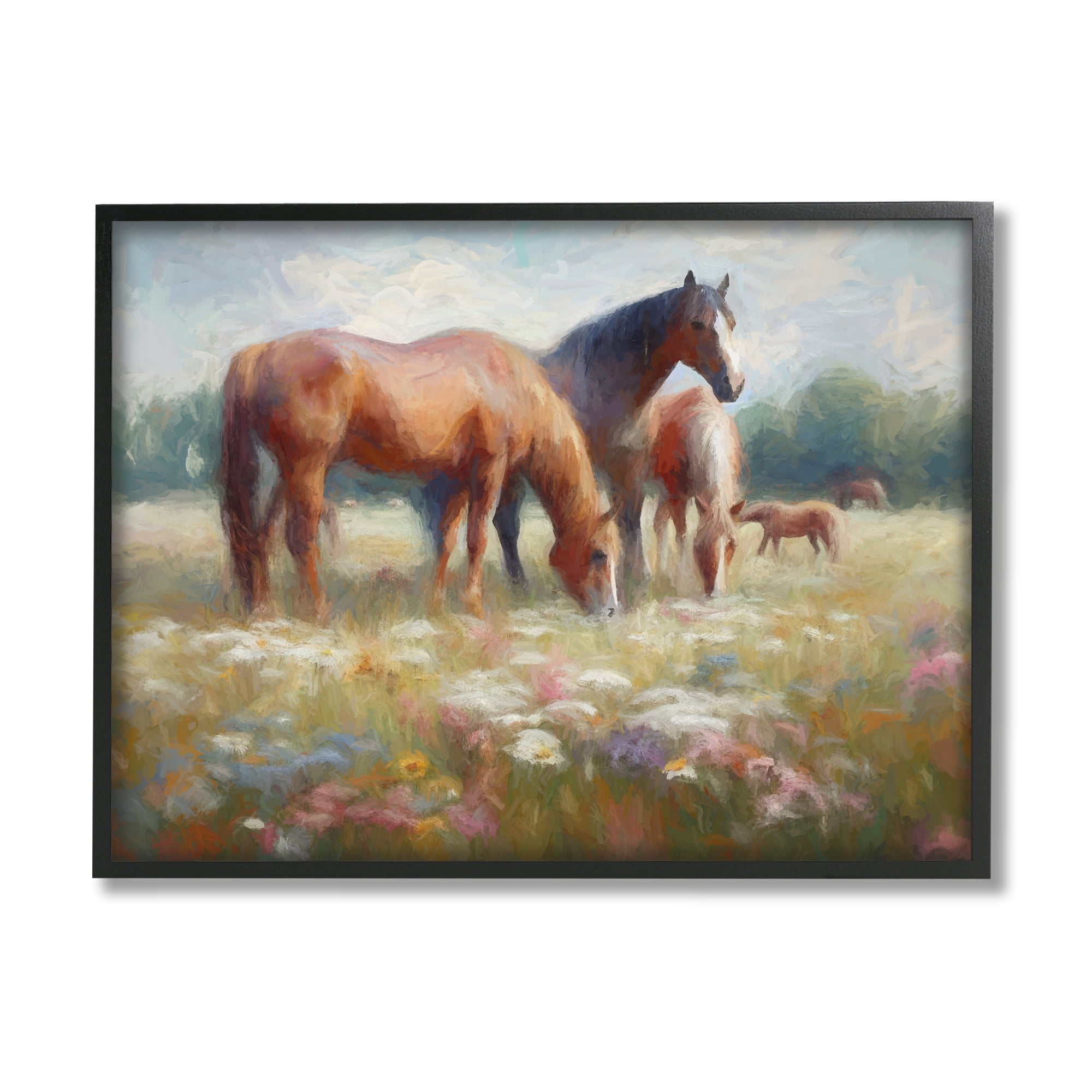 Stupell Industries Horse Family in Meadow Animals & Insects Painting Black Framed Art Print Wall Art, 30 x 24