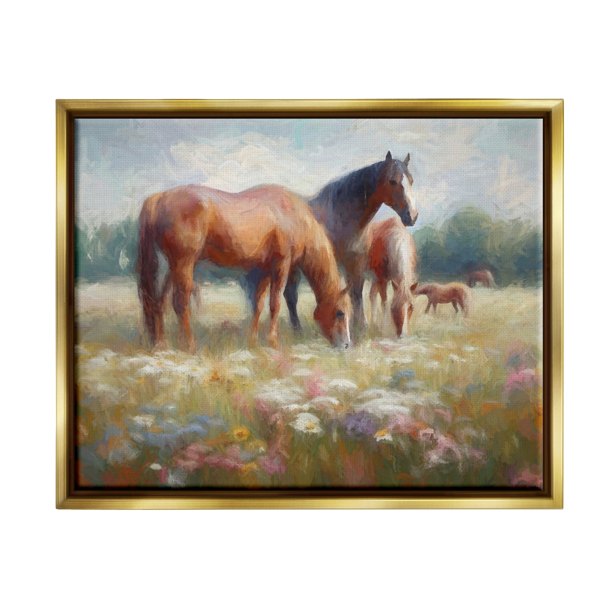Stupell Industries Horse Family in Meadow Animals & Insects Painting Gold Floater Framed Canvas Art Print Wall Art, 21 x 17