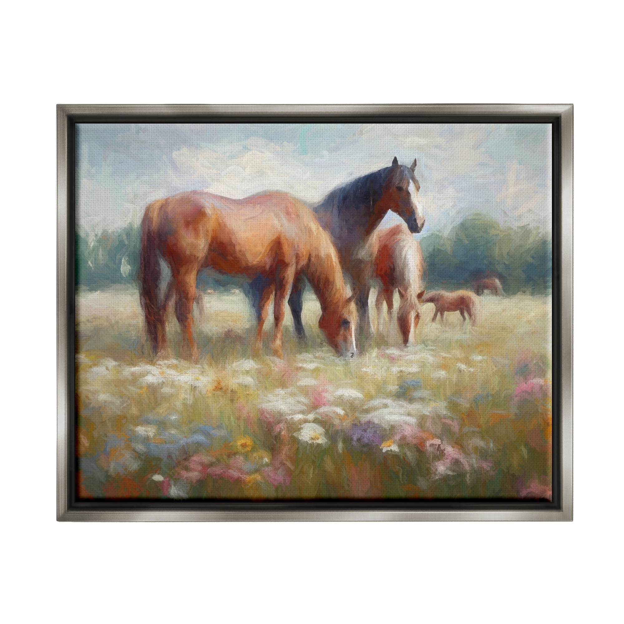 Stupell Industries Horse Family in Meadow Animals & Insects Painting Gray Floater Framed Canvas Art Print Wall Art, 31 x 25