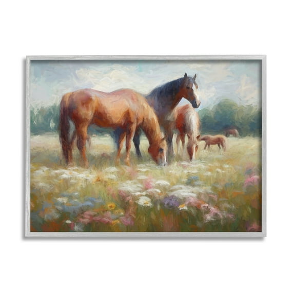 Stupell Industries Horse Family in Meadow Animals & Insects Painting Gray Framed Art Print Wall Art, 14 x 11