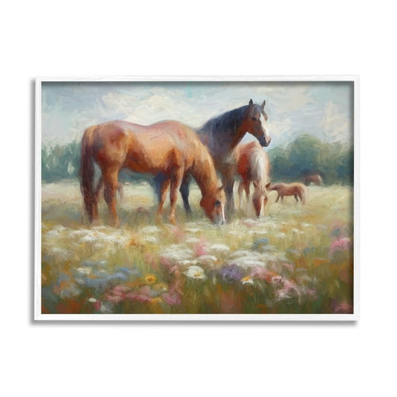 Stupell Industries Horse Family in Meadow Animals & Insects Painting White Framed Art Print Wall Art, 20 x 16