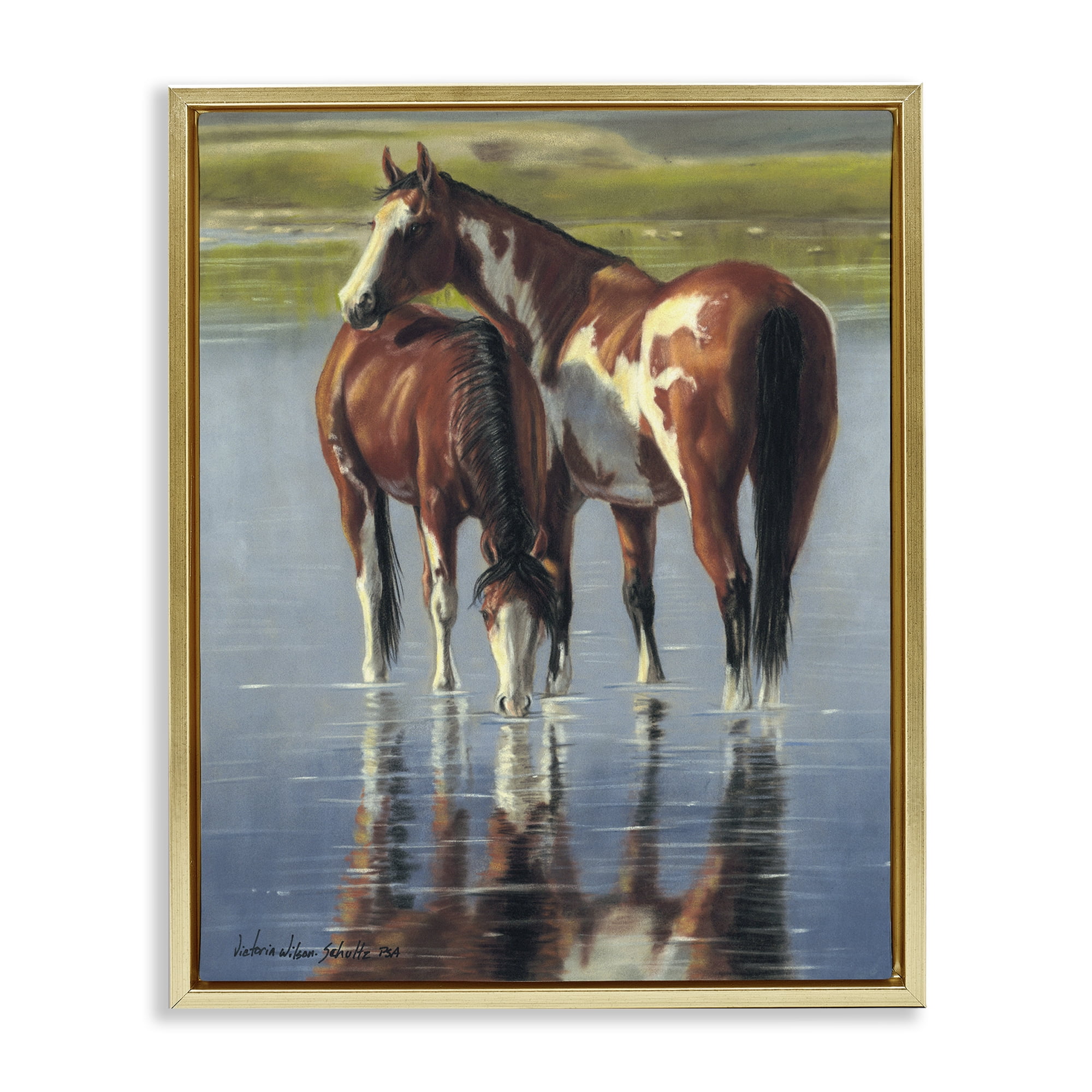 Stupell Industries Horse & Foal Splashing Animals & Insects Painting Gold Floater Framed Canvas Art Print Wall Art, 17 x 21