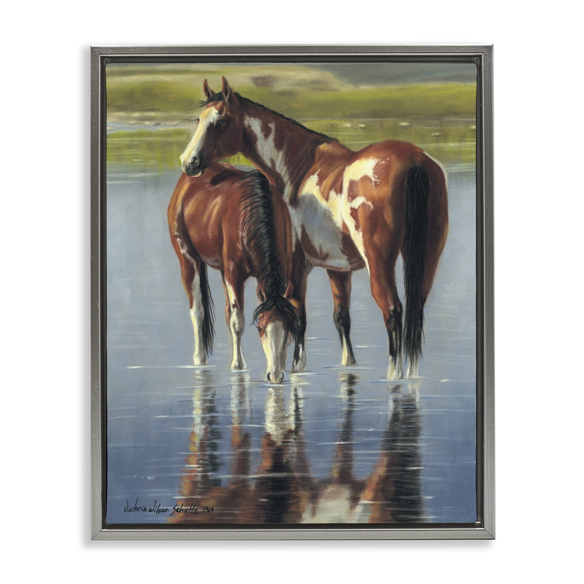 Stupell Industries Horse & Foal Splashing Animals & Insects Painting Gray Floater Framed Canvas Art Print Wall Art, 25 x 31