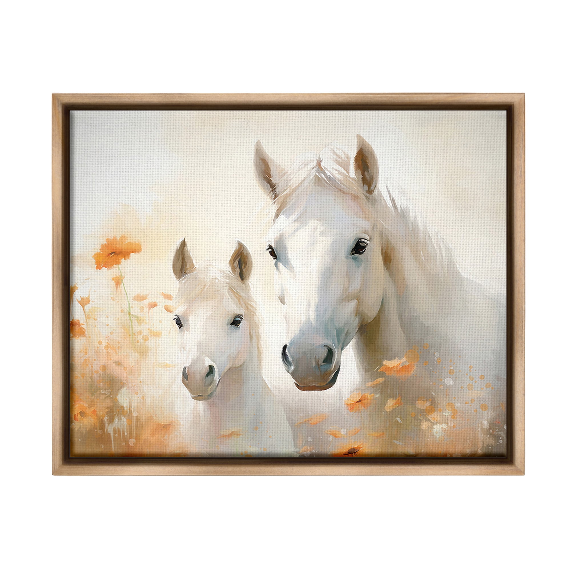 Stupell Industries Horse & Foal with Flowers Animals & Insects Painting Brown Floater Framed Canvas Art Print Wall Art, 21 x 17