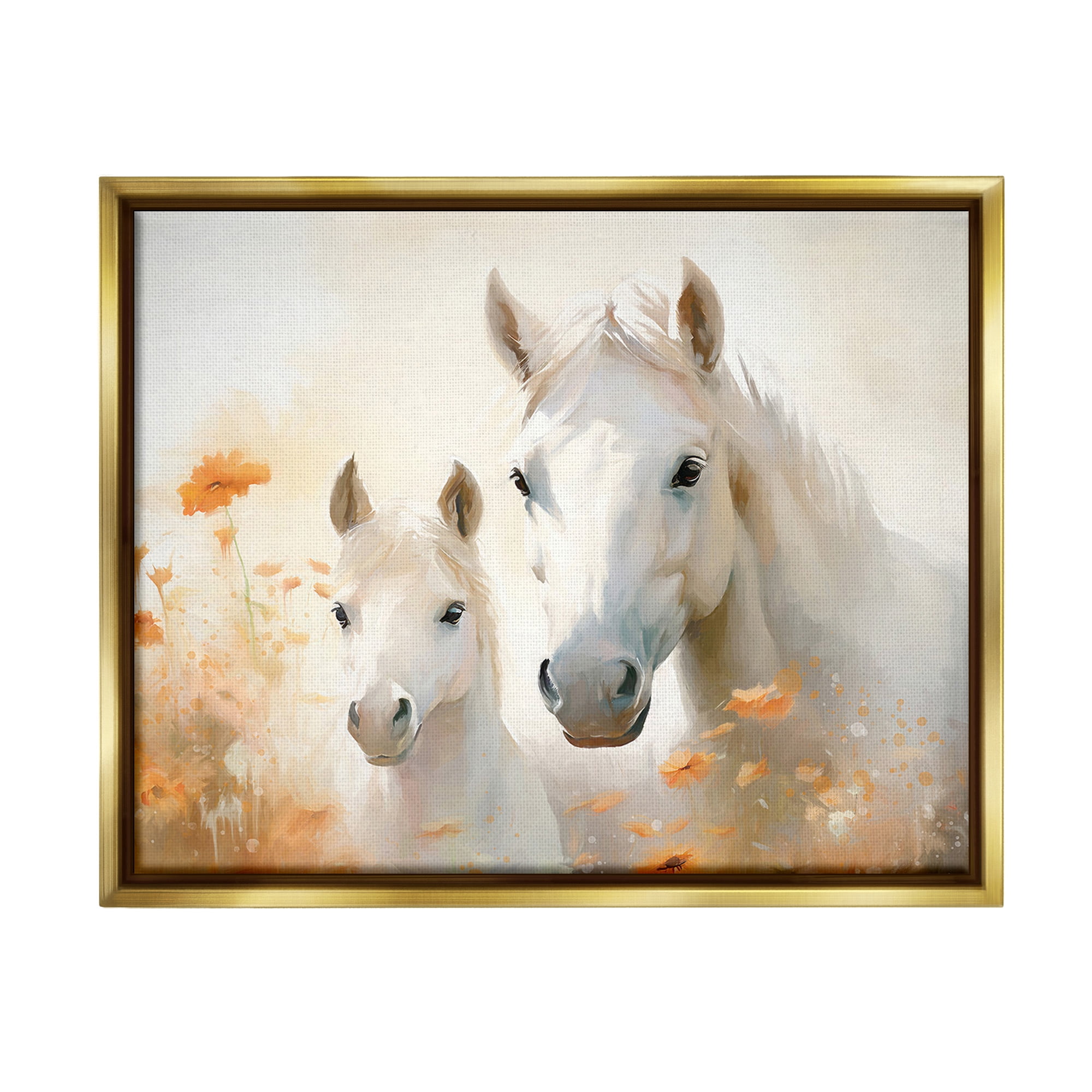 Stupell Industries Horse & Foal with Flowers Animals & Insects Painting Gold Floater Framed Canvas Art Print Wall Art, 21 x 17