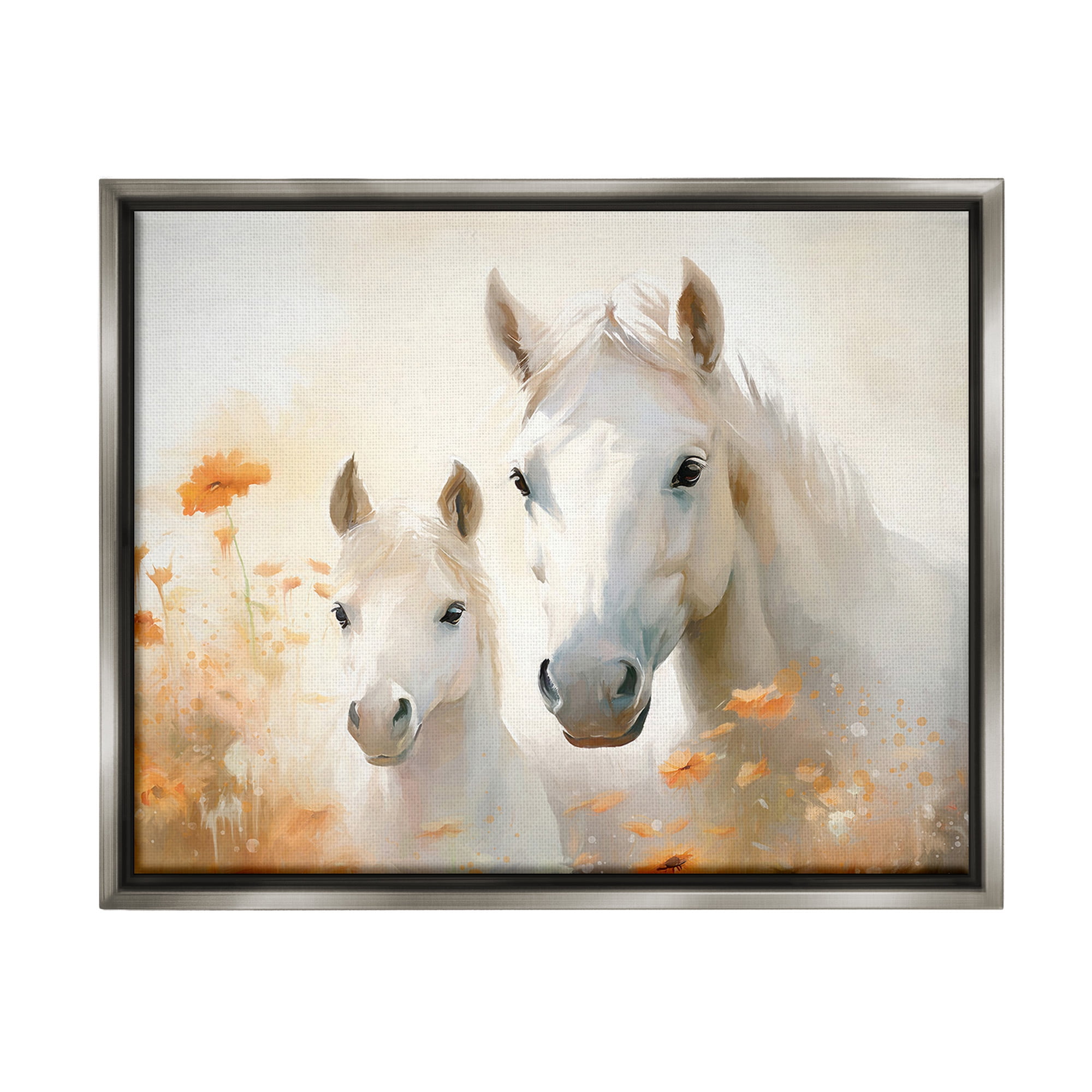 Gray Framed Canvas Print of Horses with Orange Flowers, 21 x 17