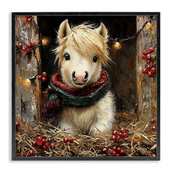 Stupell Industries Horse Foal with Holly & Lights Animals Painting Black Framed Art Print Wall Art, 12 x 12