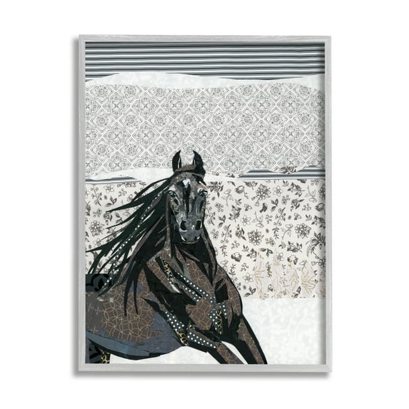 Stupell Industries Horse Galloping over Abstract Patterns Geometric Shapes Graphic Art Gray Framed Art Print Wall Art, 24x30, by Jenny McGee