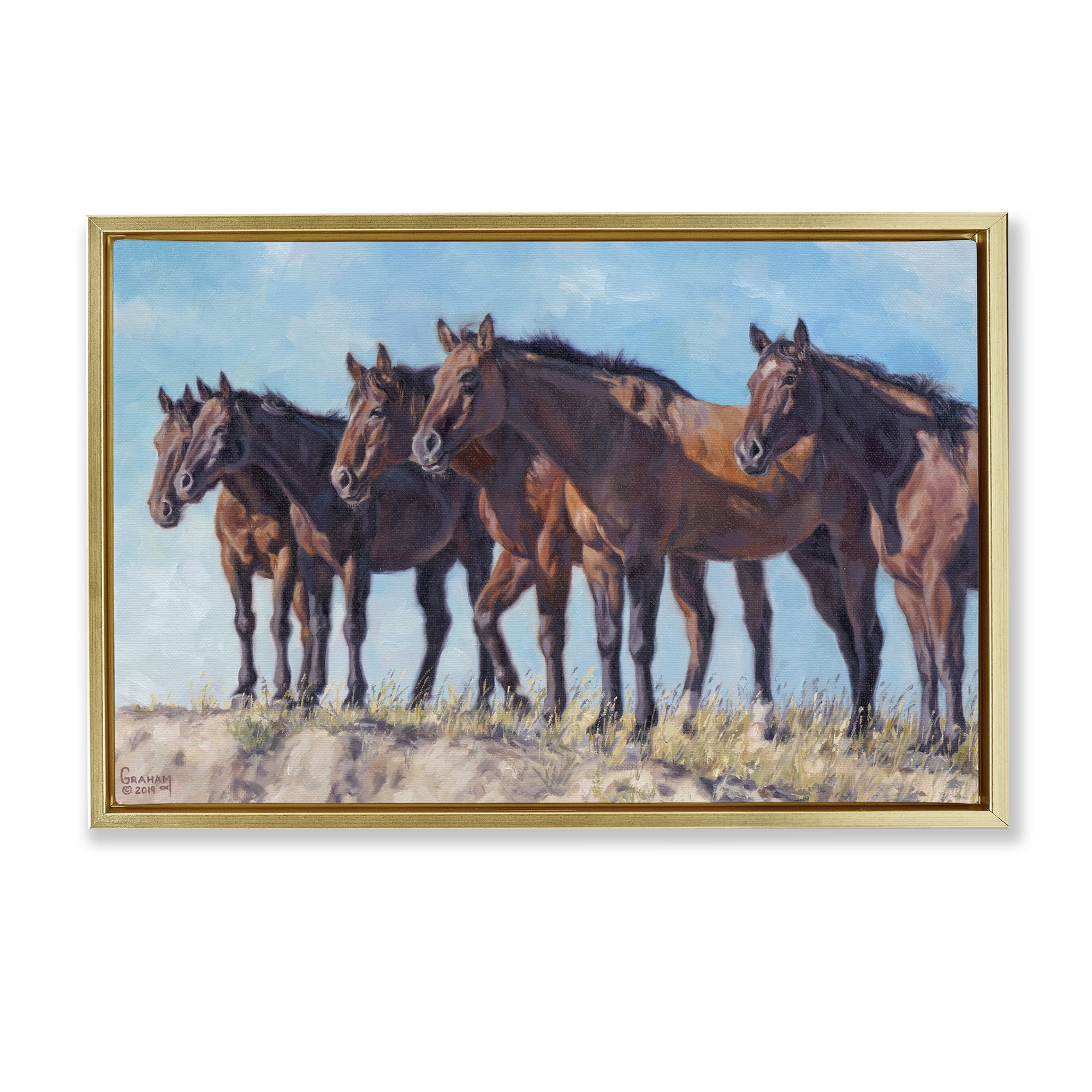 Stupell Industries Horse Herd Overlooking Desert Animals & Insects Painting Gold Floater Framed Canvas Art Print Wall Art, 31 x 21