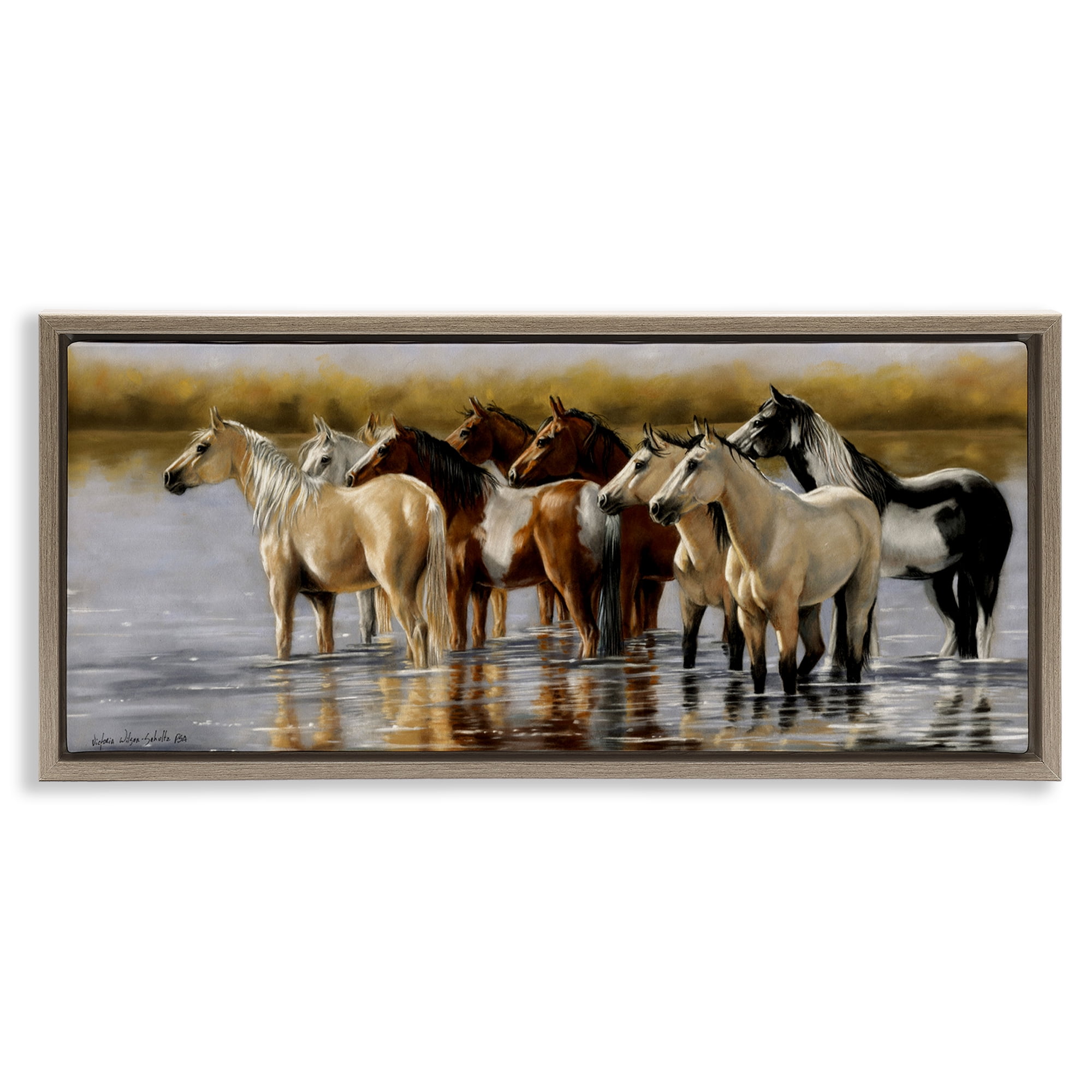 Stupell Industries Horse Herd Splashing Animals & Insects Painting Brown Floater Framed Canvas Art Print Wall Art, 31 x 14
